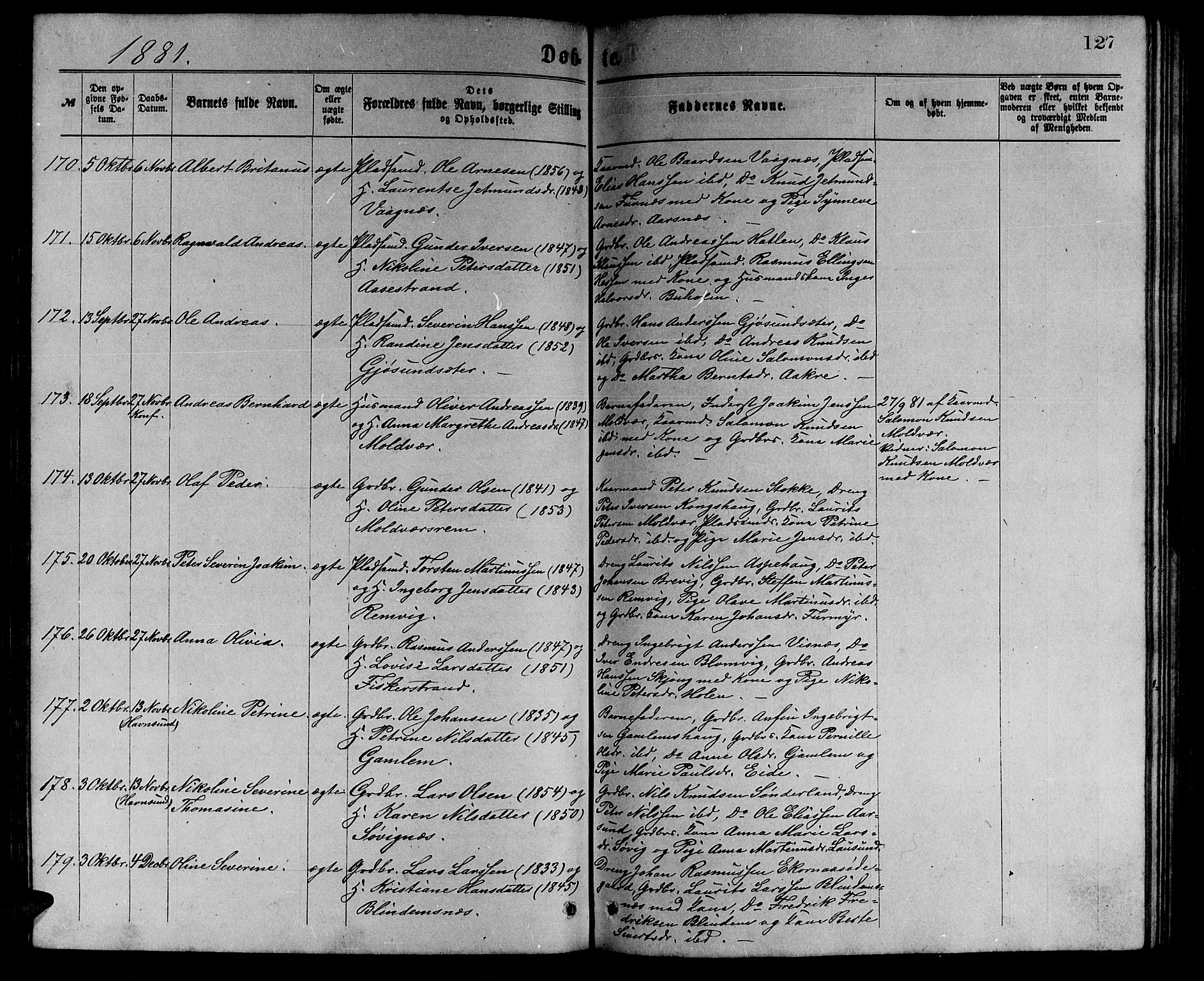 Ministerialprotokoller, klokkerbøker og fødselsregistre - Møre og Romsdal, AV/SAT-A-1454/528/L0429: Parish register (copy) no. 528C10, 1872-1886, p. 127