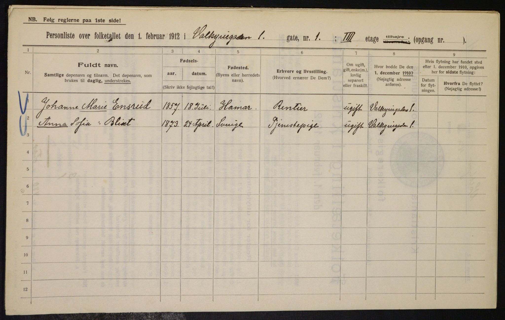 OBA, Municipal Census 1912 for Kristiania, 1912, p. 121596