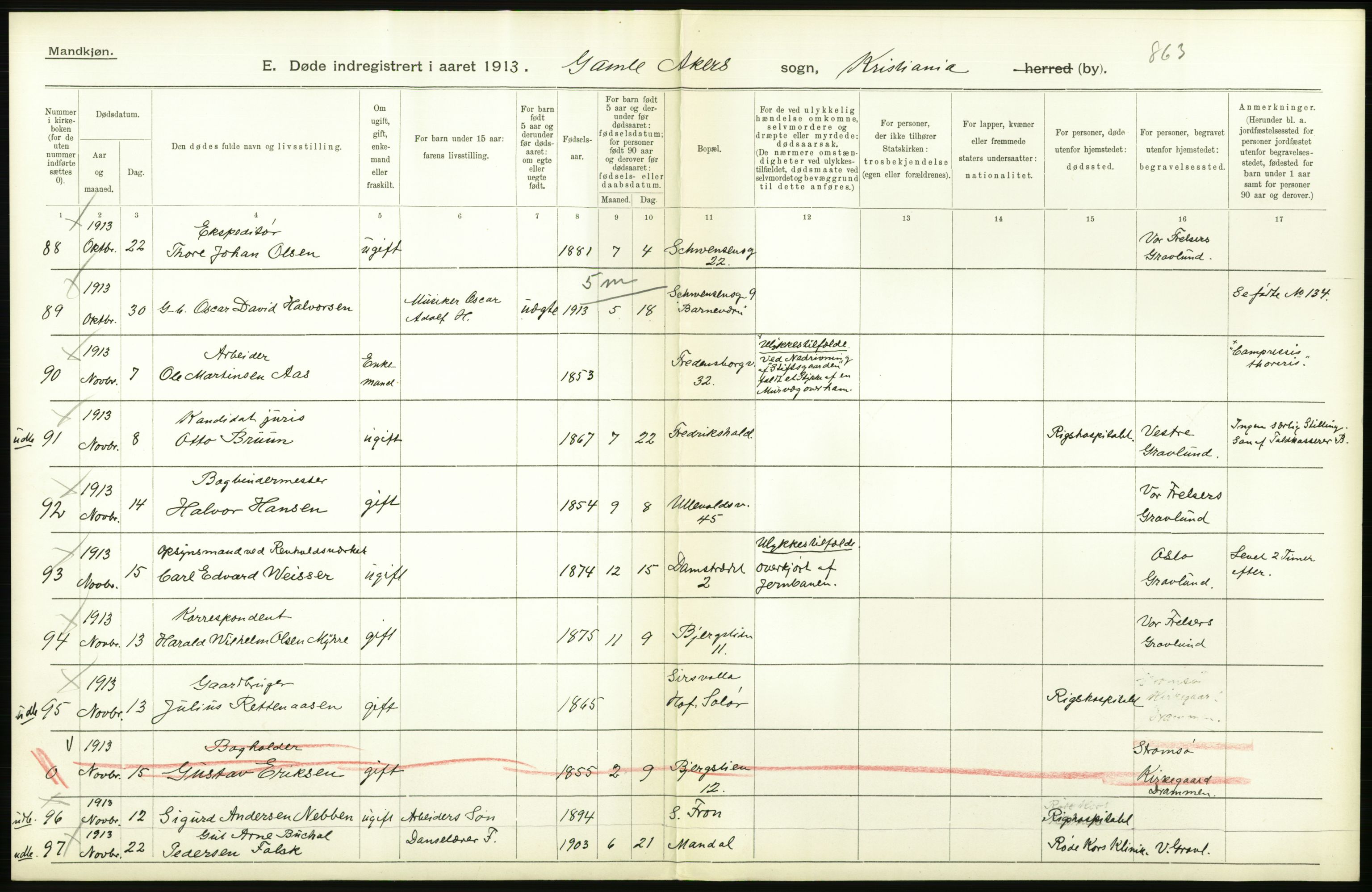 Statistisk sentralbyrå, Sosiodemografiske emner, Befolkning, RA/S-2228/D/Df/Dfb/Dfbc/L0009: Kristiania: Døde., 1913, p. 136