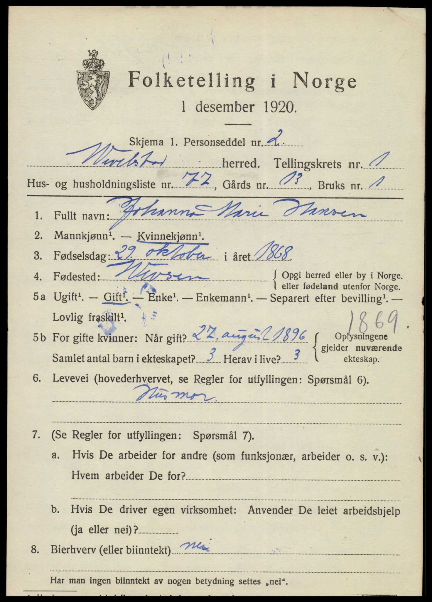 SAT, 1920 census for Vevelstad, 1920, p. 1396