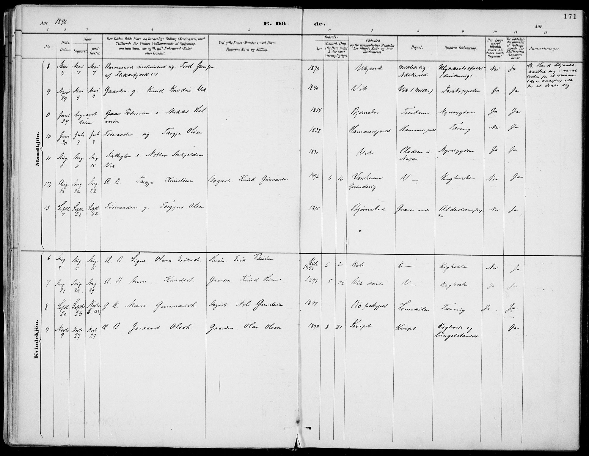 Fyresdal kirkebøker, SAKO/A-263/F/Fa/L0007: Parish register (official) no. I 7, 1887-1914, p. 171
