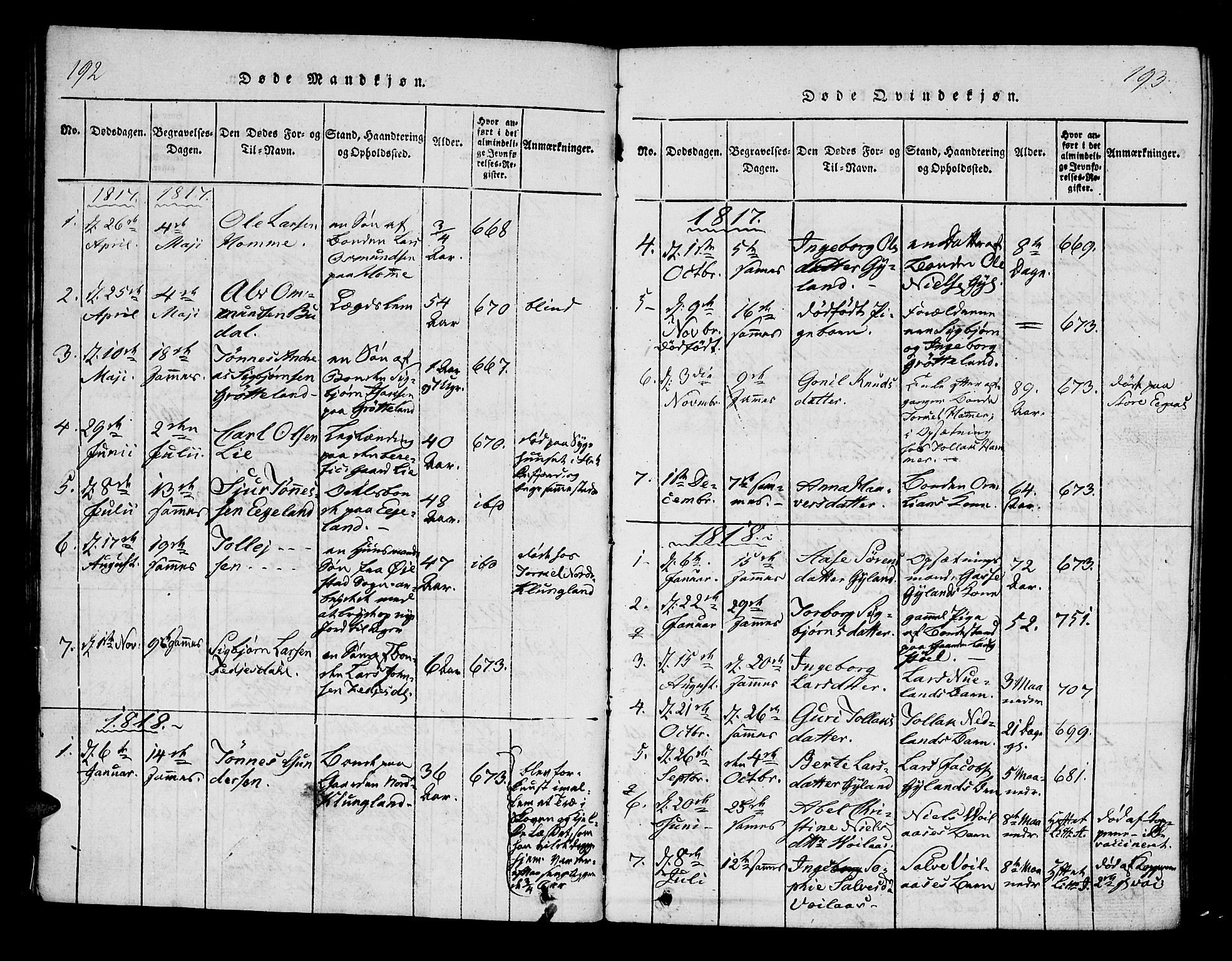 Bakke sokneprestkontor, AV/SAK-1111-0002/F/Fa/Fab/L0001: Parish register (official) no. A 1, 1815-1835, p. 192-193