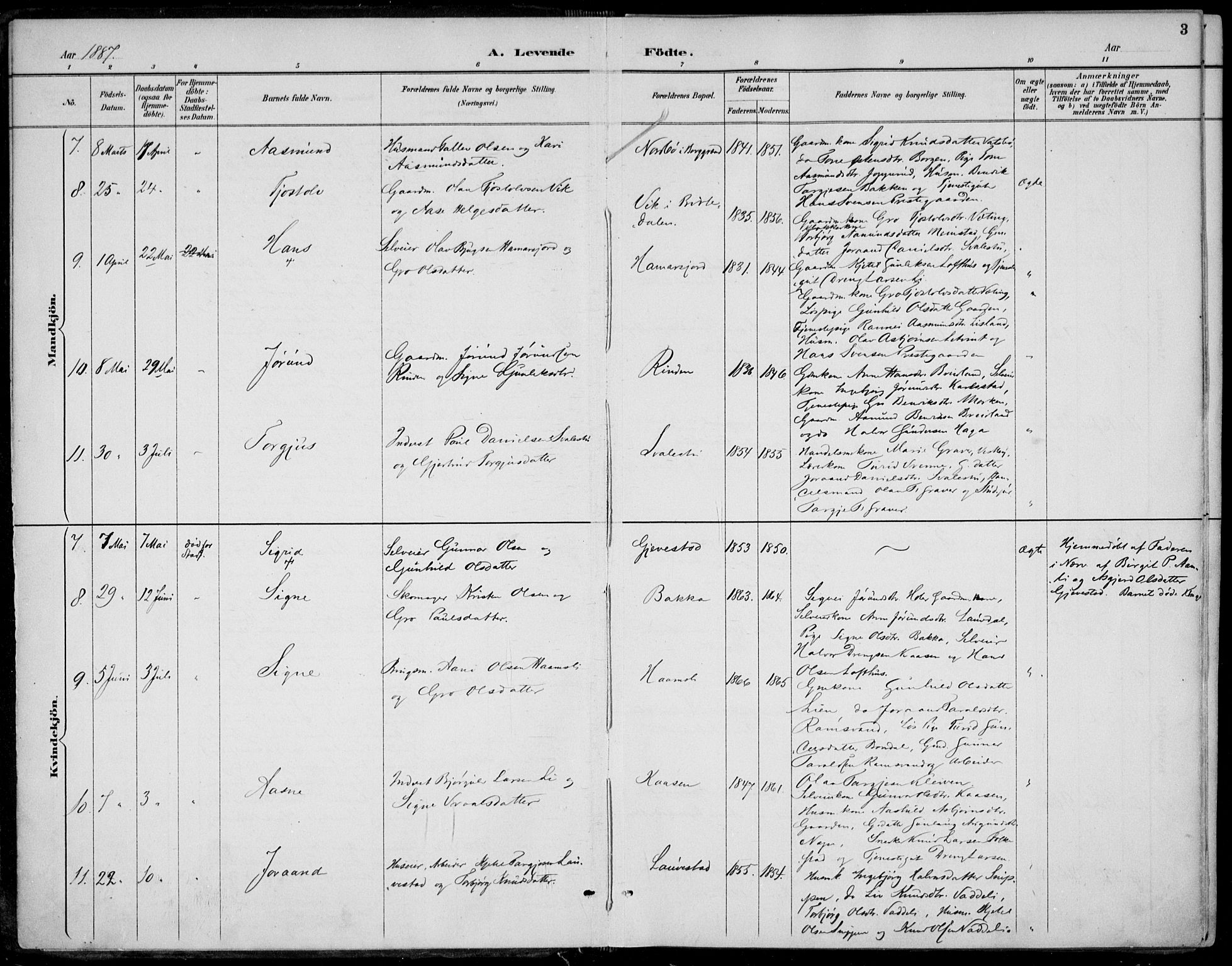 Fyresdal kirkebøker, AV/SAKO-A-263/F/Fa/L0007: Parish register (official) no. I 7, 1887-1914, p. 3