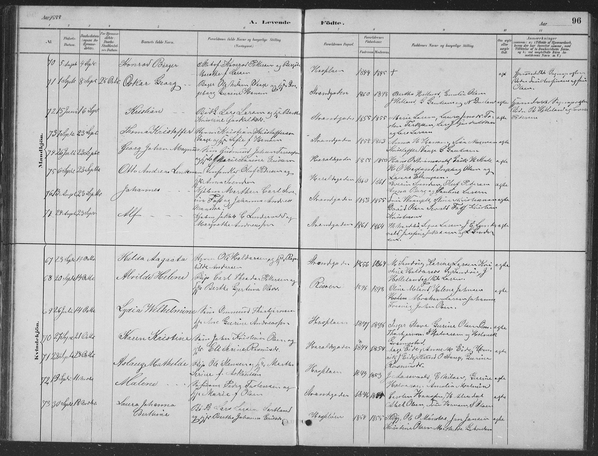 Haugesund sokneprestkontor, AV/SAST-A -101863/H/Ha/Hab/L0002: Parish register (copy) no. B 2, 1881-1894, p. 96