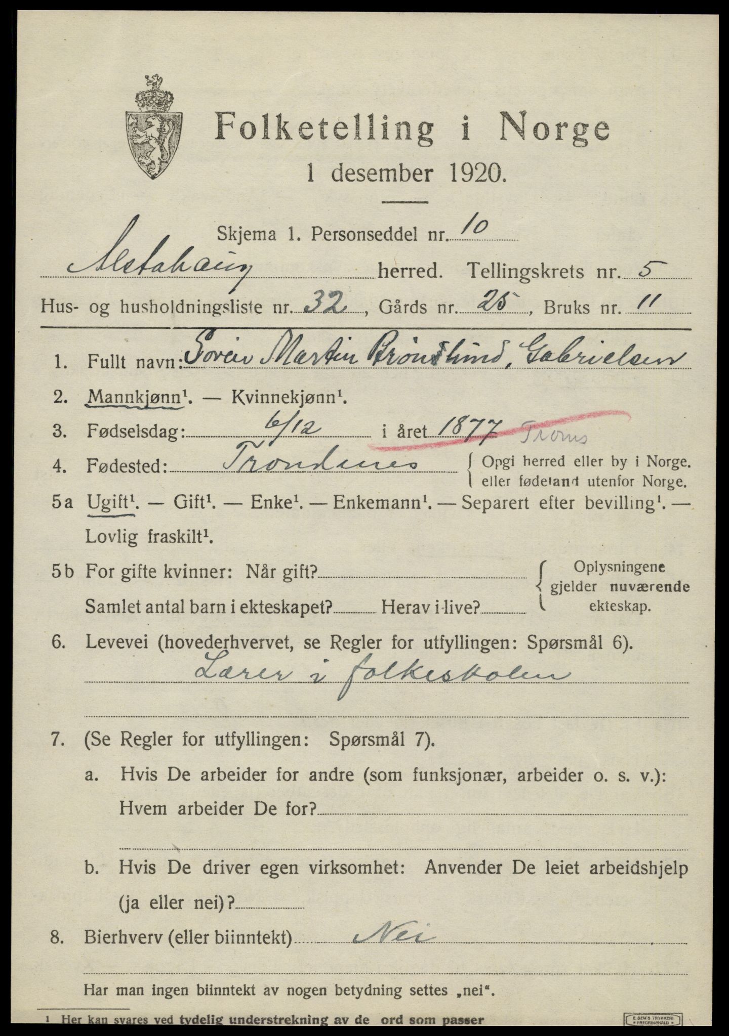 SAT, 1920 census for Alstahaug, 1920, p. 3255