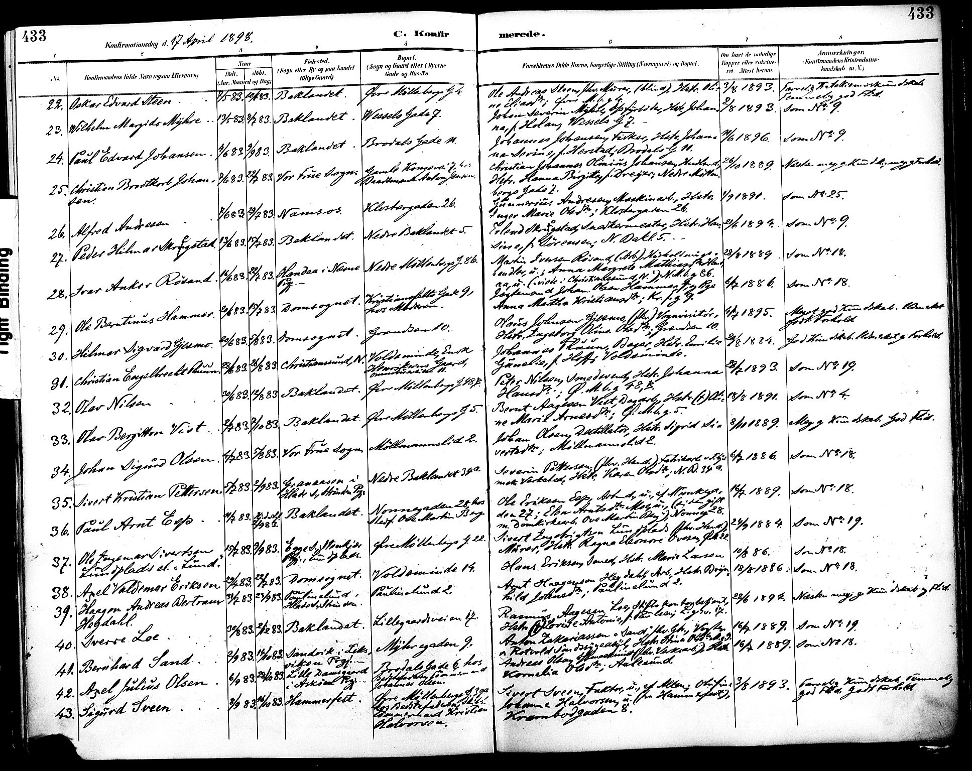 Ministerialprotokoller, klokkerbøker og fødselsregistre - Sør-Trøndelag, SAT/A-1456/604/L0197: Parish register (official) no. 604A18, 1893-1900, p. 433