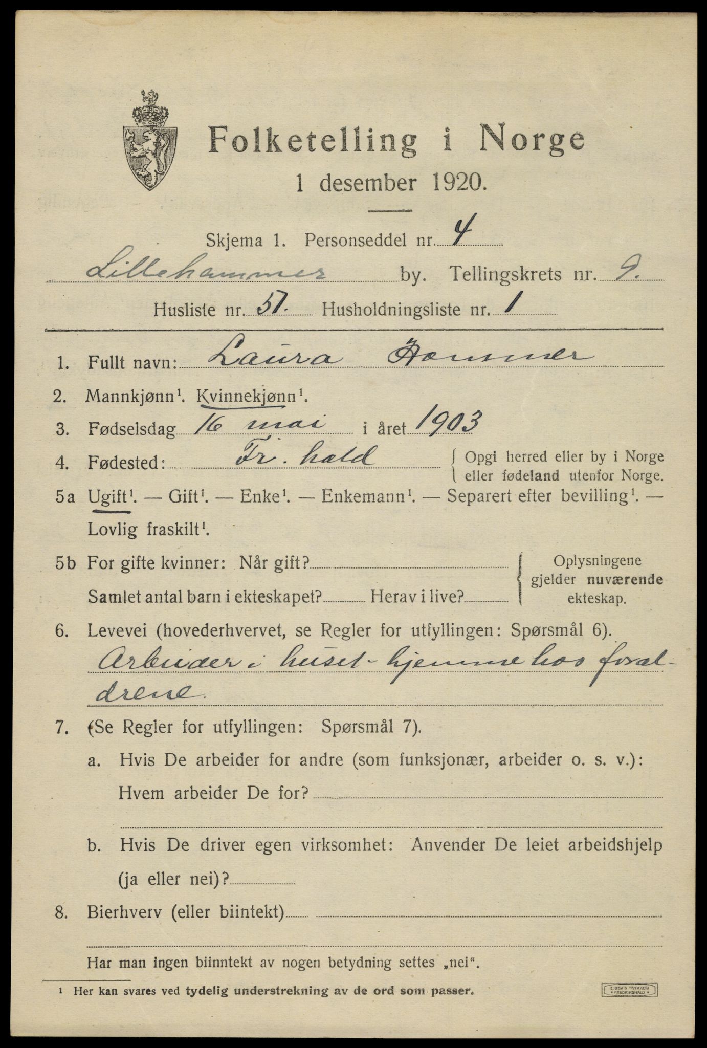 SAH, 1920 census for Lillehammer, 1920, p. 12350