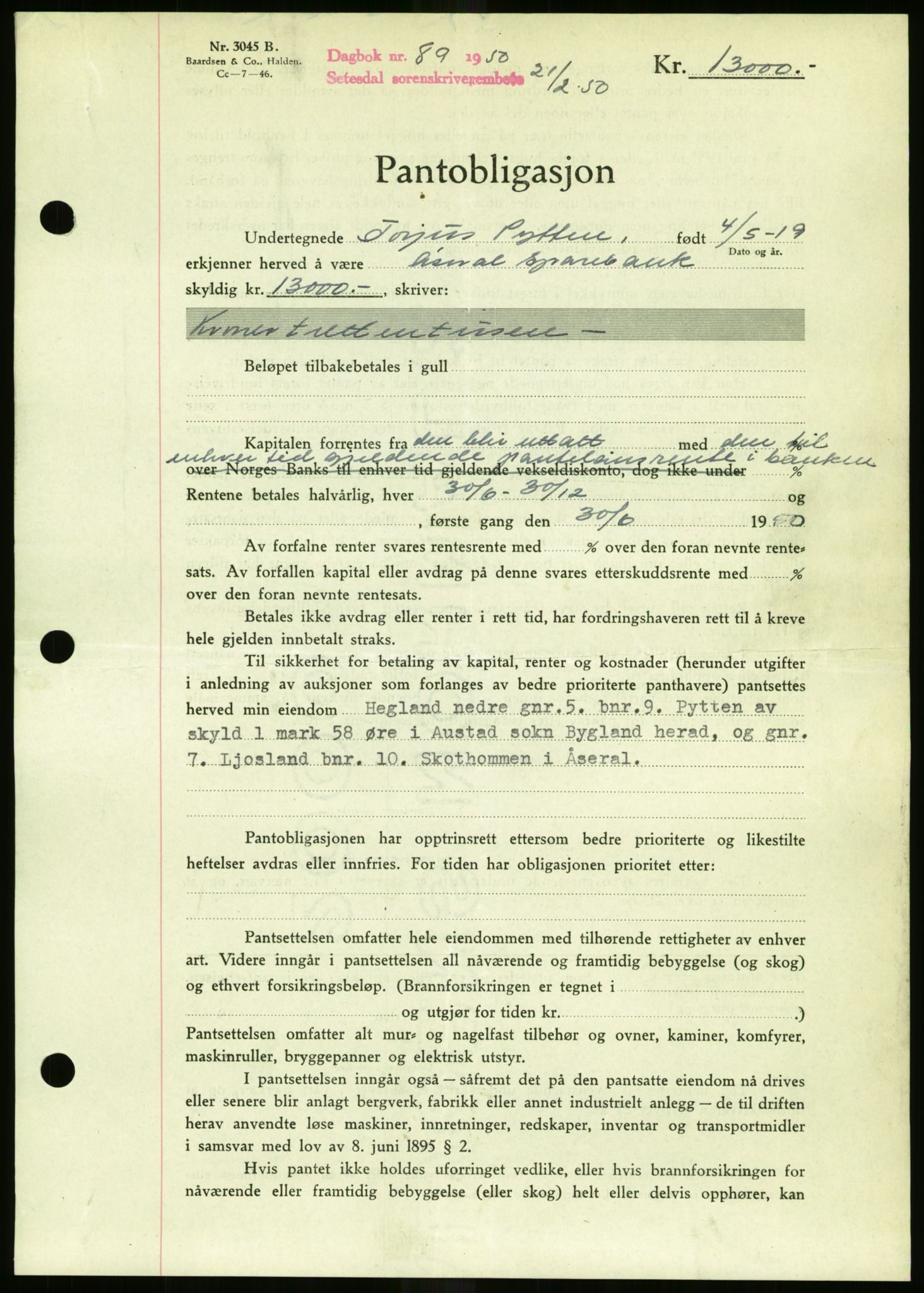 Setesdal sorenskriveri, SAK/1221-0011/G/Gb/L0050: Mortgage book no. B 38, 1949-1952, Diary no: : 89/1950