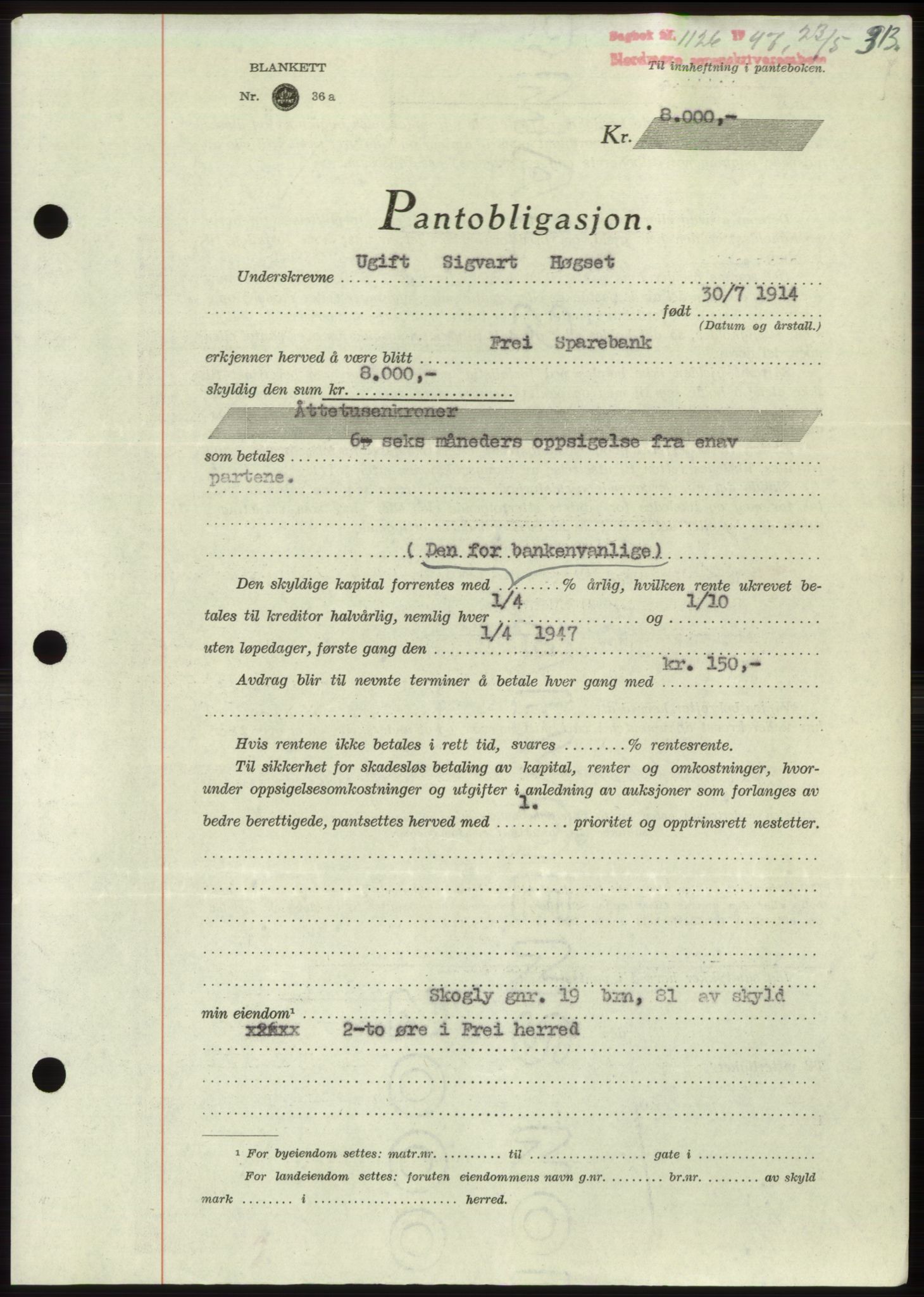 Nordmøre sorenskriveri, AV/SAT-A-4132/1/2/2Ca: Mortgage book no. B96, 1947-1947, Diary no: : 1126/1947