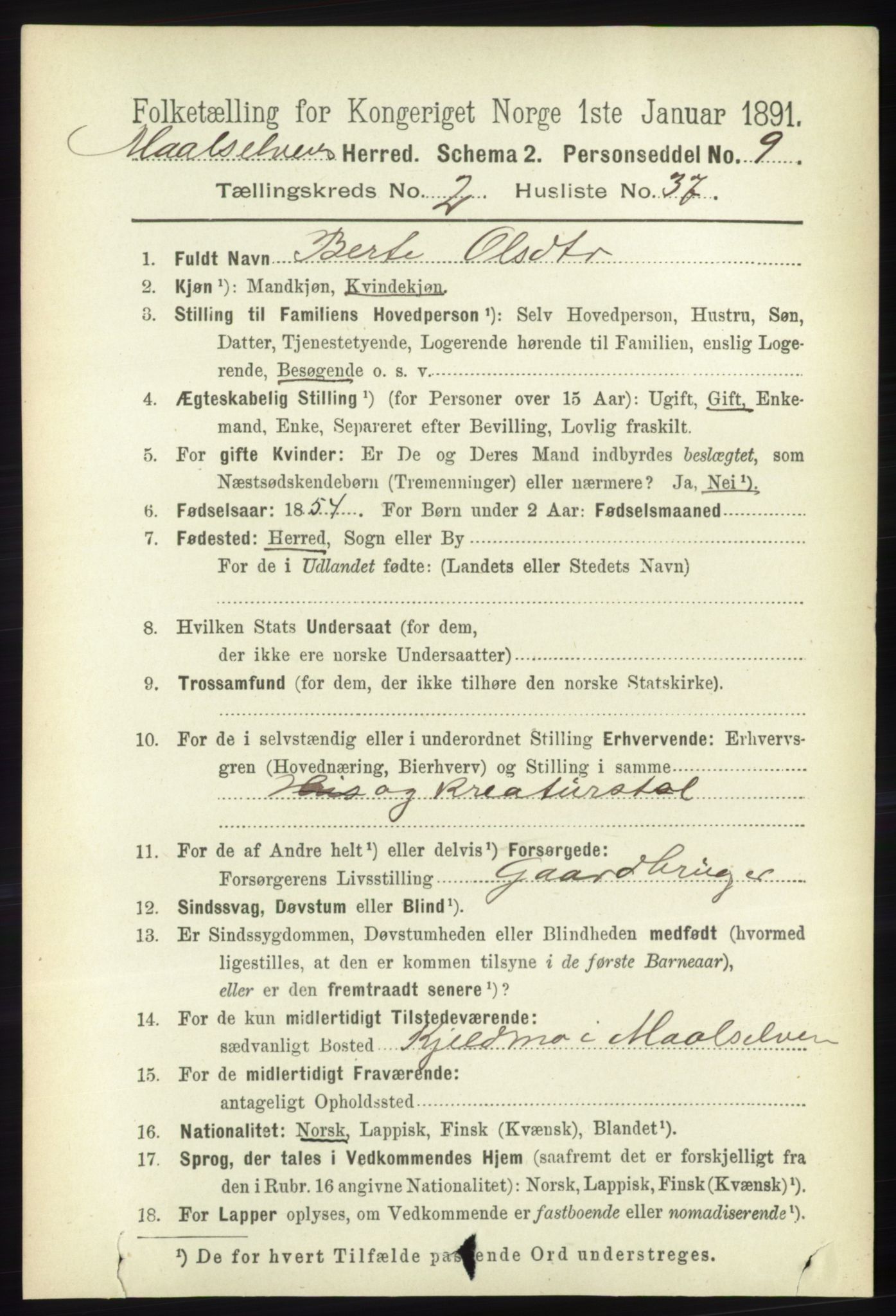 RA, 1891 census for 1924 Målselv, 1891, p. 524