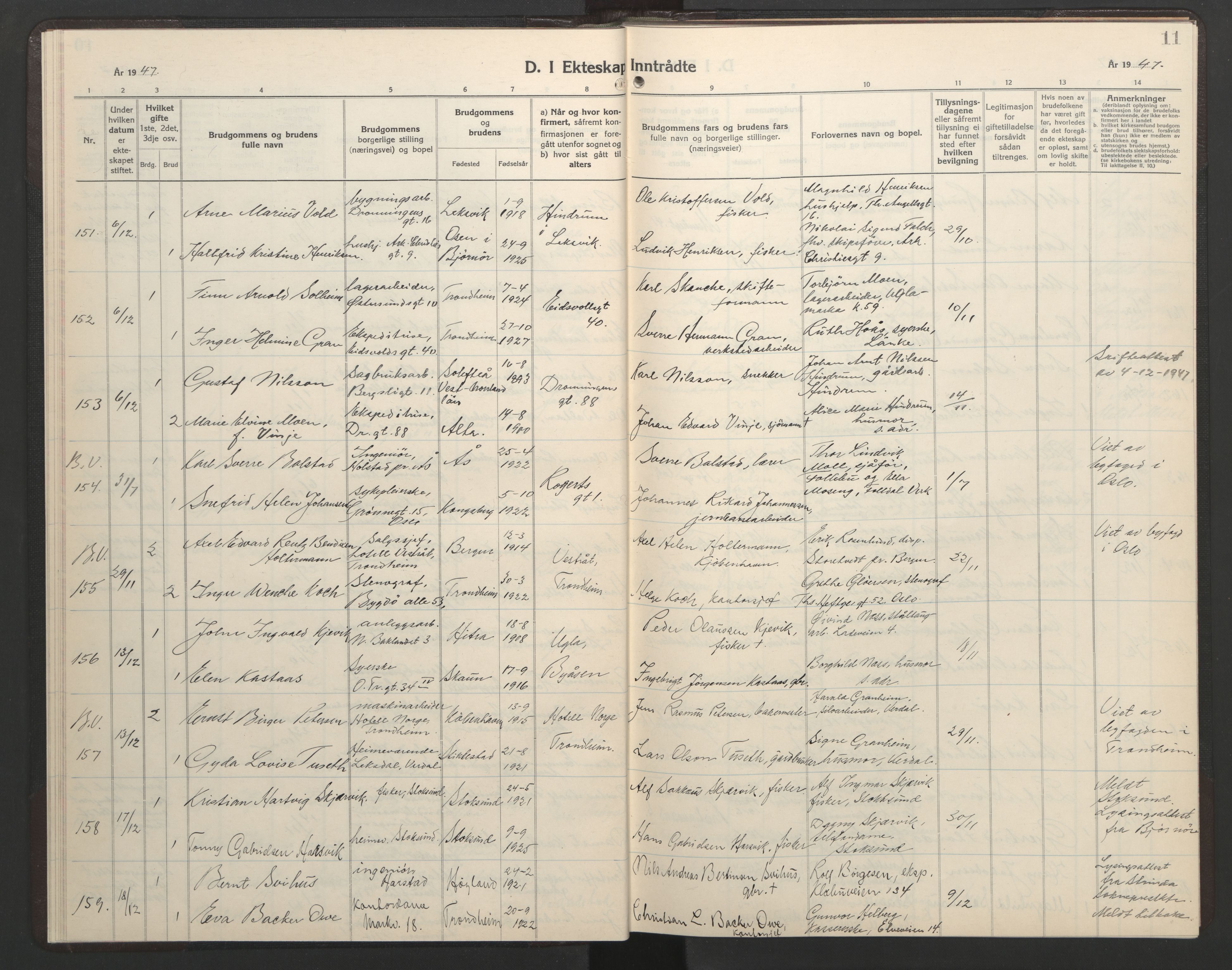 Ministerialprotokoller, klokkerbøker og fødselsregistre - Sør-Trøndelag, AV/SAT-A-1456/602/L0155: Parish register (copy) no. 602C23, 1947-1950, p. 11