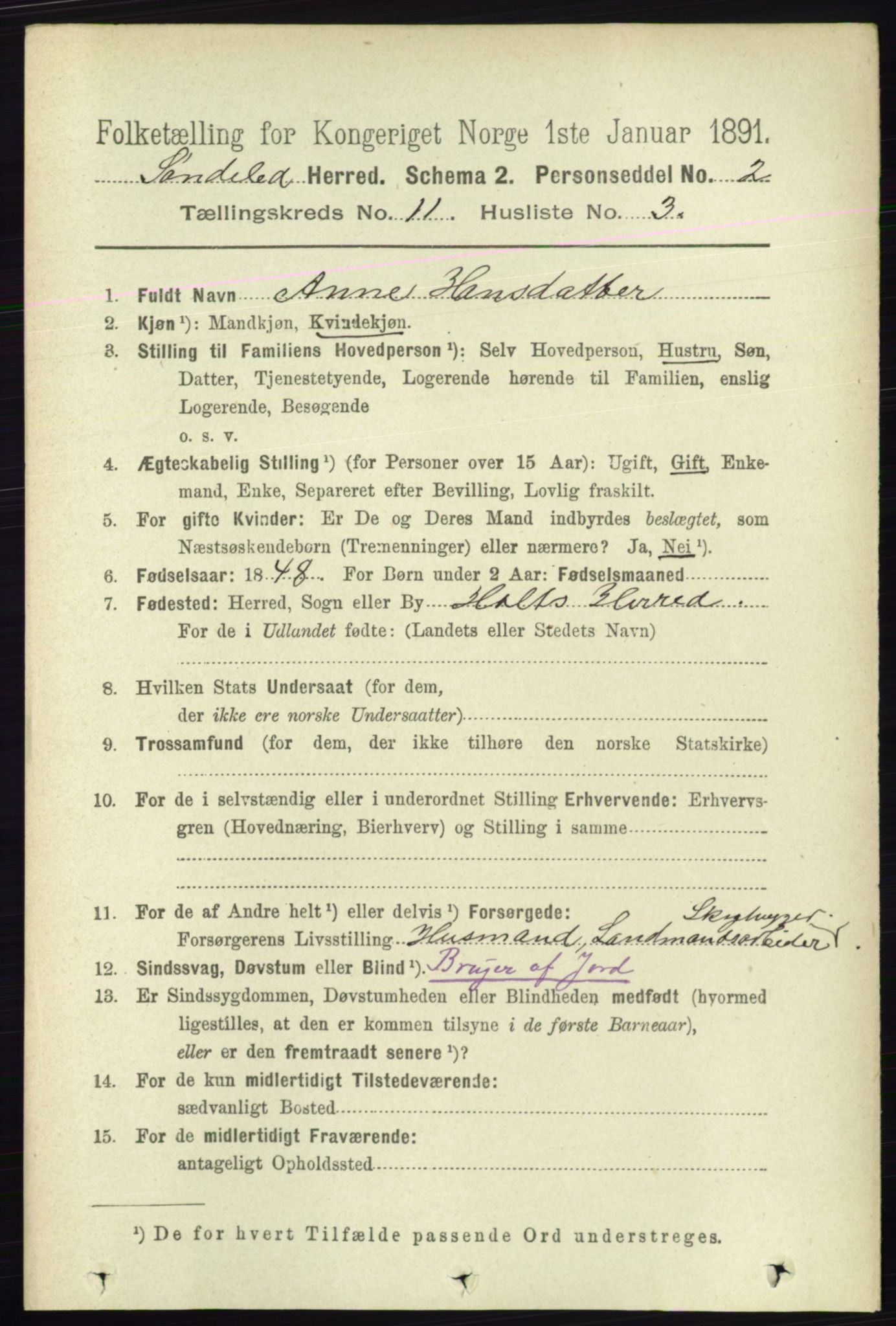 RA, 1891 census for 0913 Søndeled, 1891, p. 3302