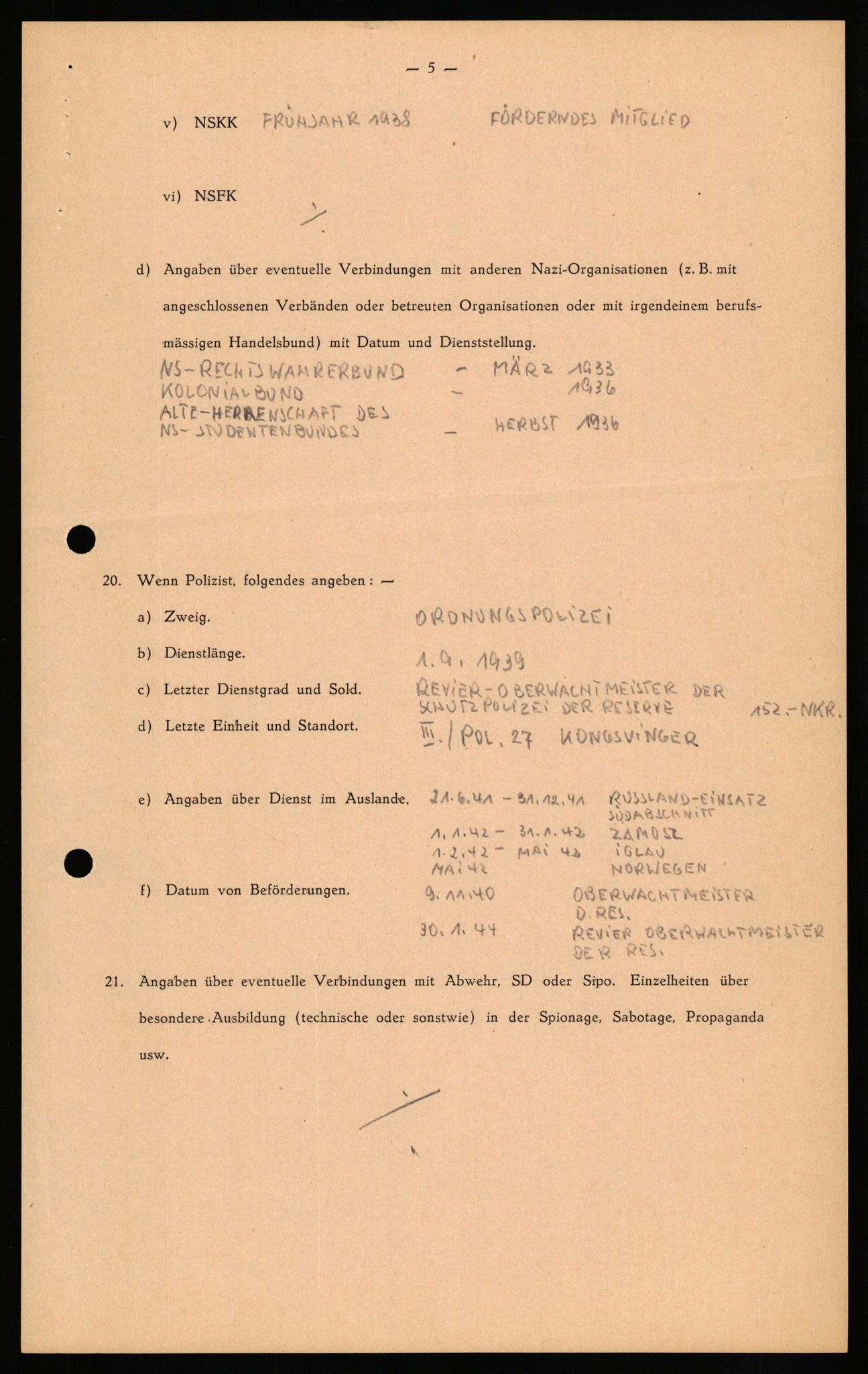 Forsvaret, Forsvarets overkommando II, RA/RAFA-3915/D/Db/L0029: CI Questionaires. Tyske okkupasjonsstyrker i Norge. Tyskere., 1945-1946, p. 176