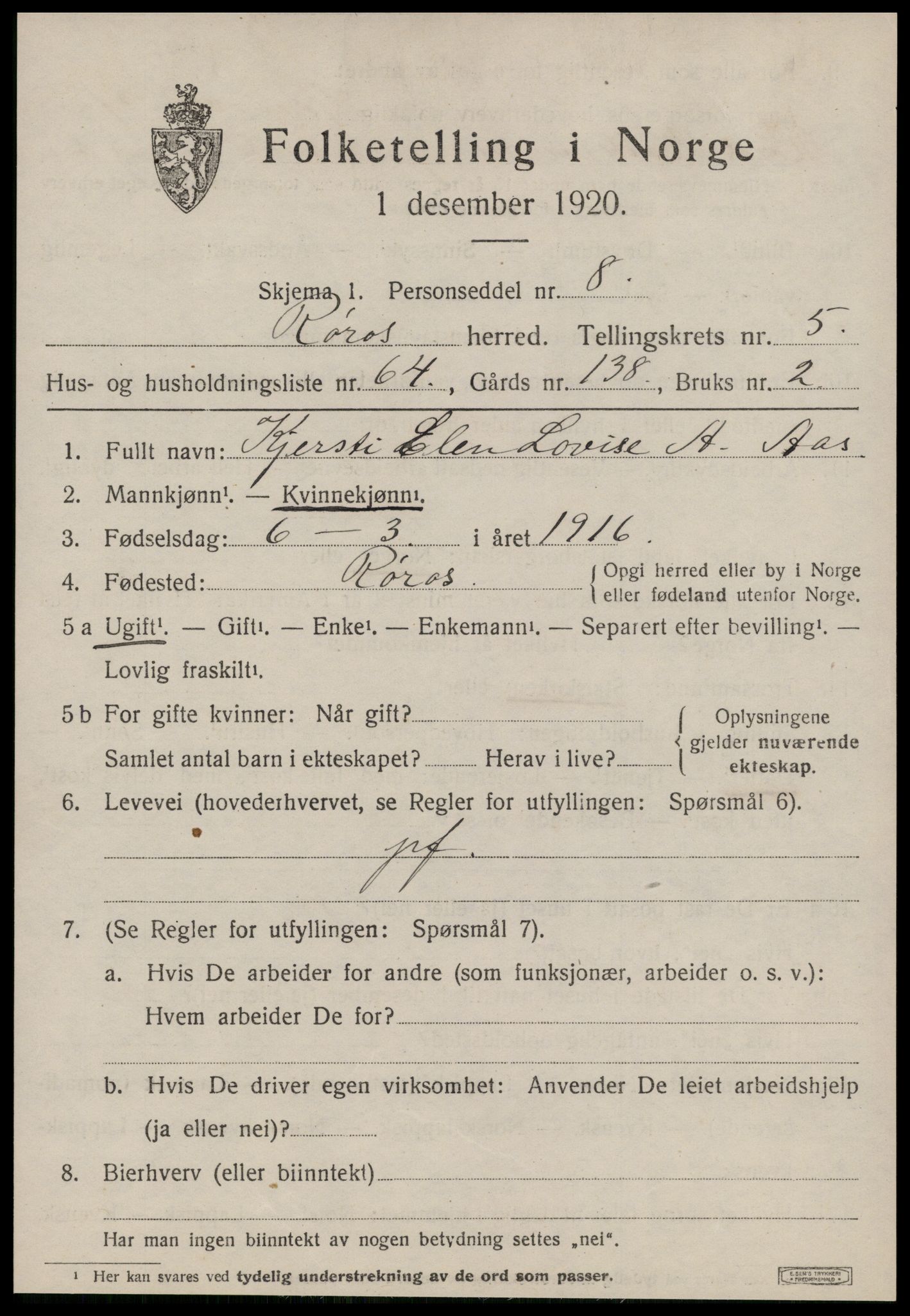 SAT, 1920 census for Røros, 1920, p. 6200