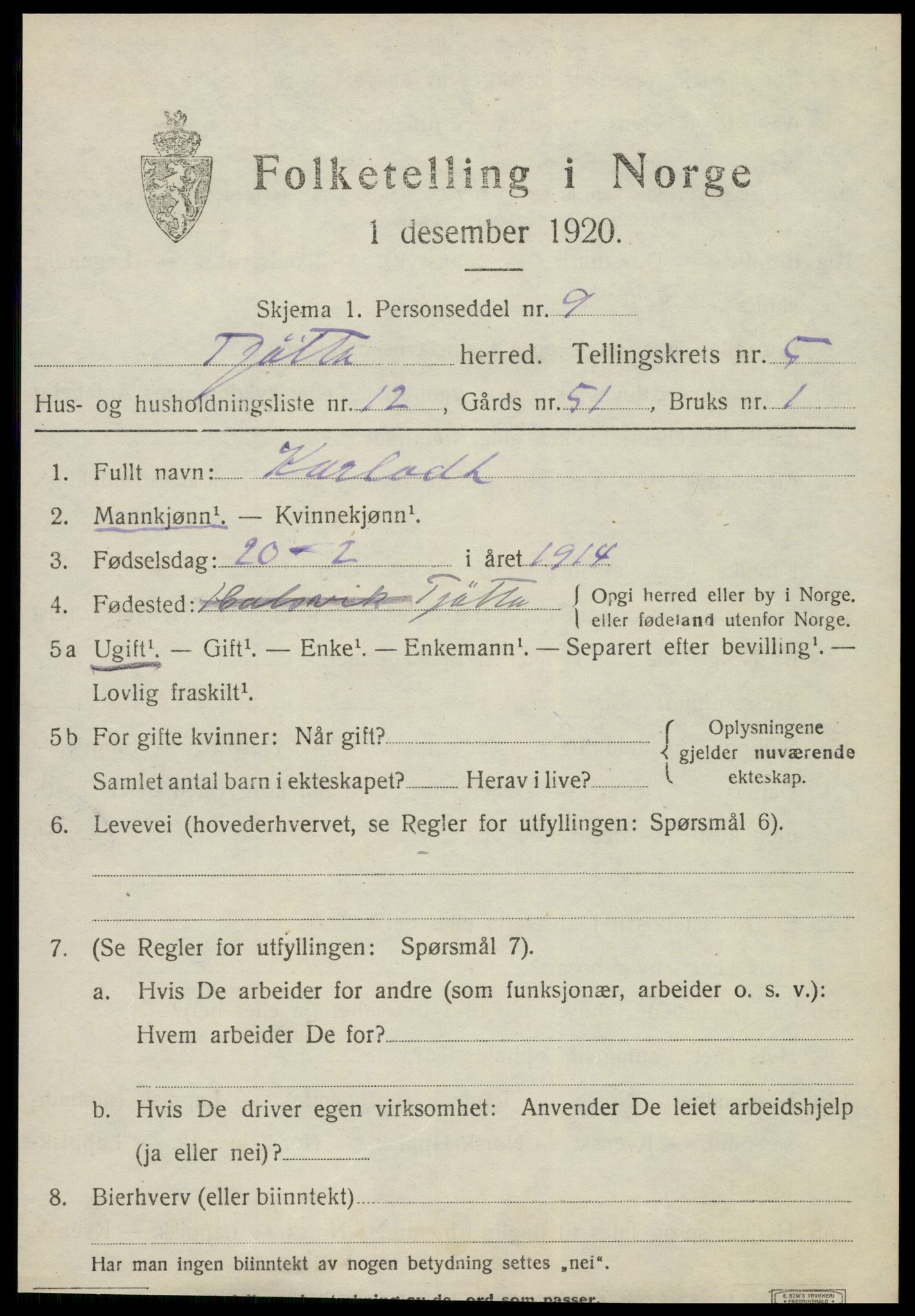 SAT, 1920 census for Tjøtta, 1920, p. 2153