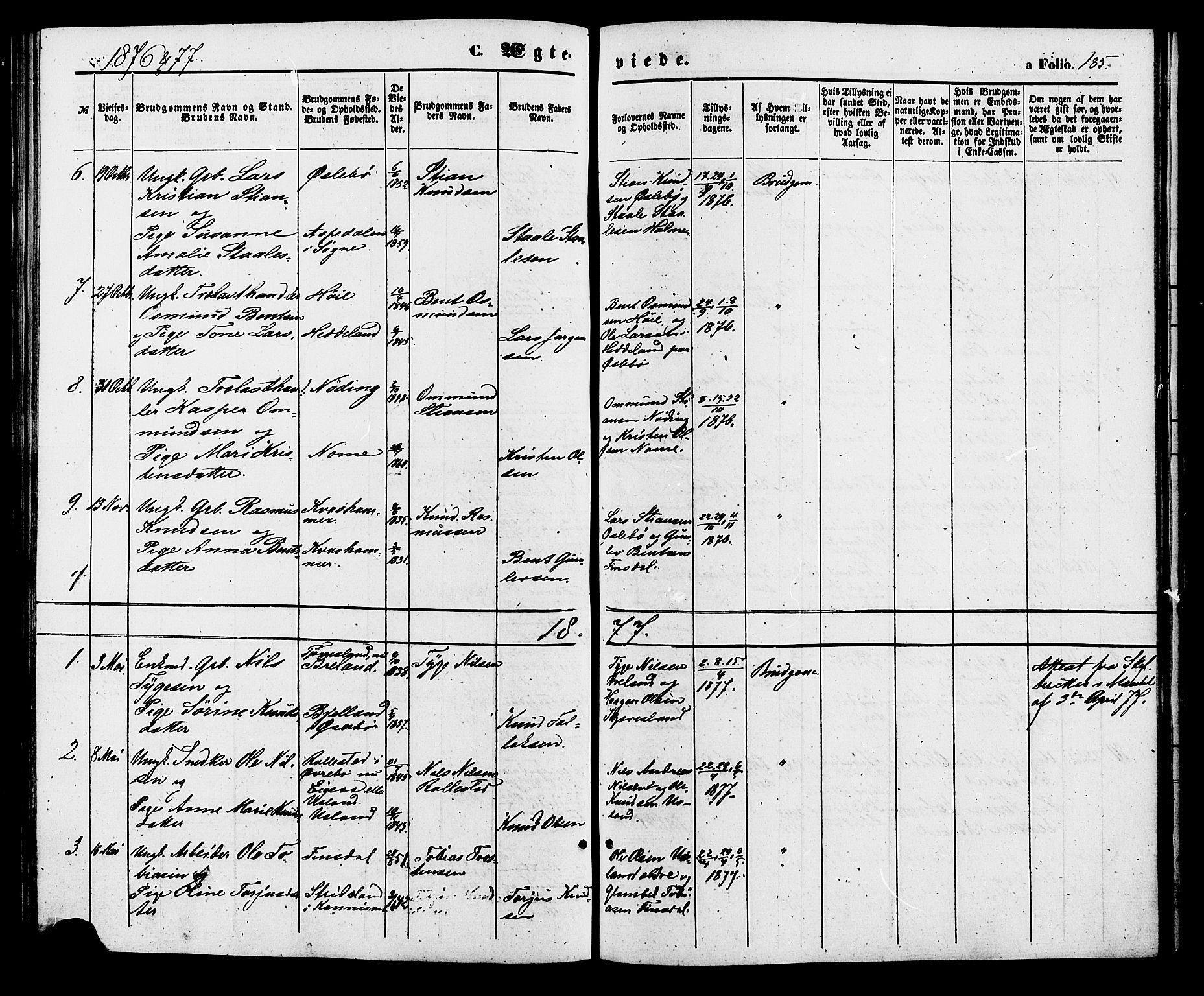Holum sokneprestkontor, SAK/1111-0022/F/Fa/Fac/L0003: Parish register (official) no. A 3, 1860-1883, p. 185