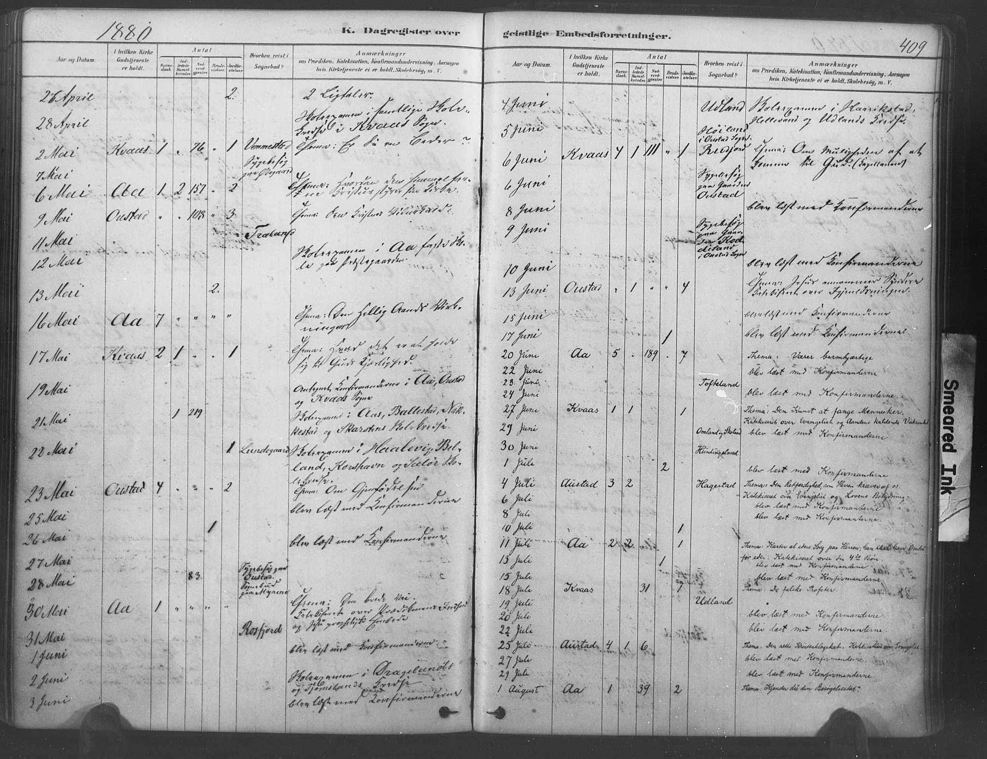 Lyngdal sokneprestkontor, AV/SAK-1111-0029/F/Fa/Fac/L0011: Parish register (official) no. A 11, 1878-1893, p. 409