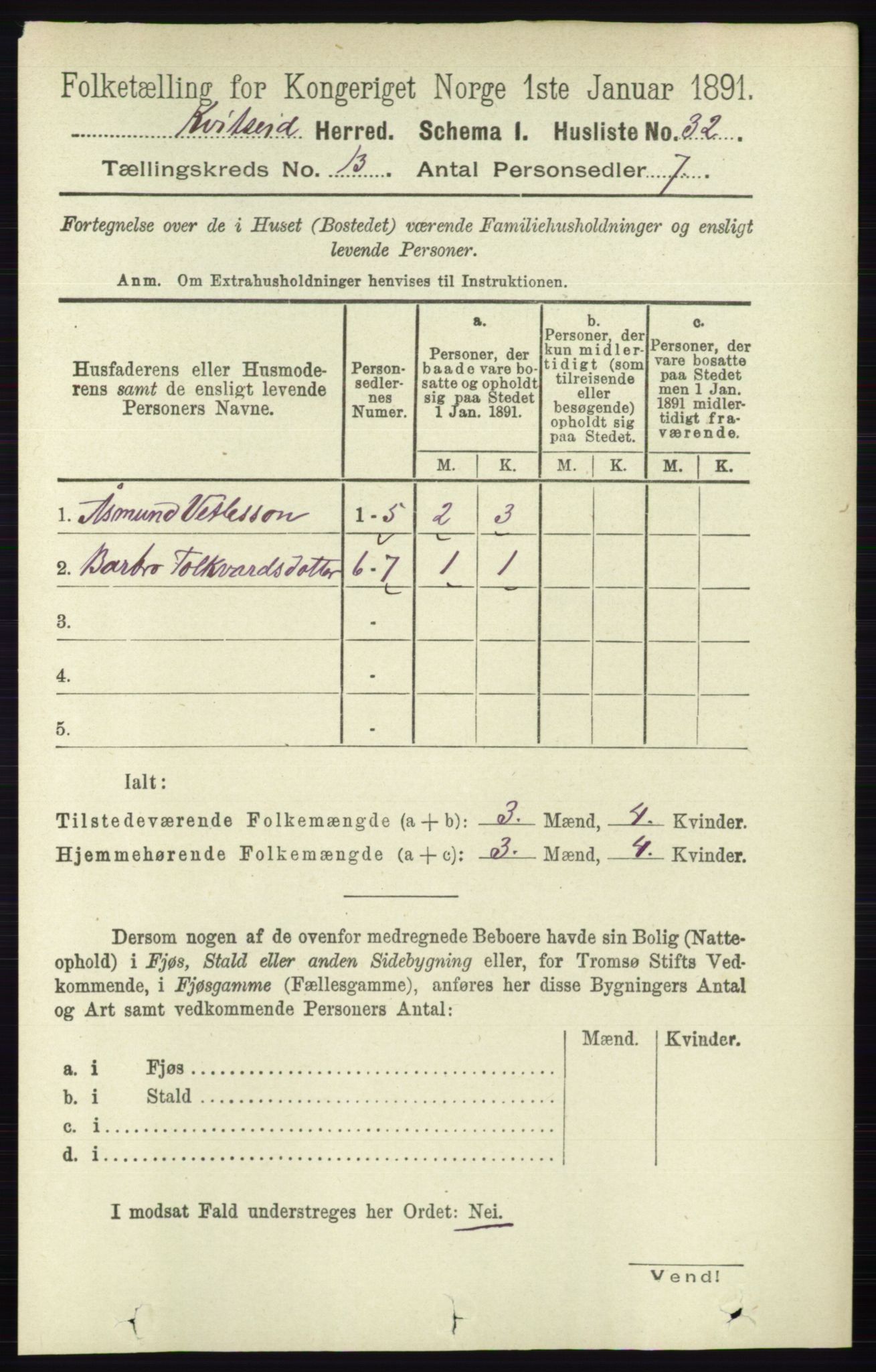 RA, 1891 census for 0829 Kviteseid, 1891, p. 3071