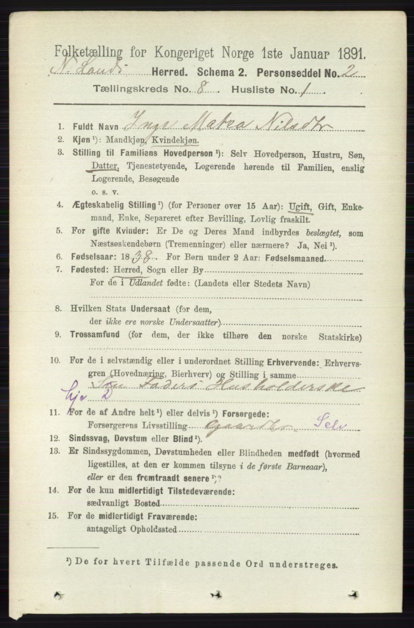 RA, 1891 census for 0538 Nordre Land, 1891, p. 2209