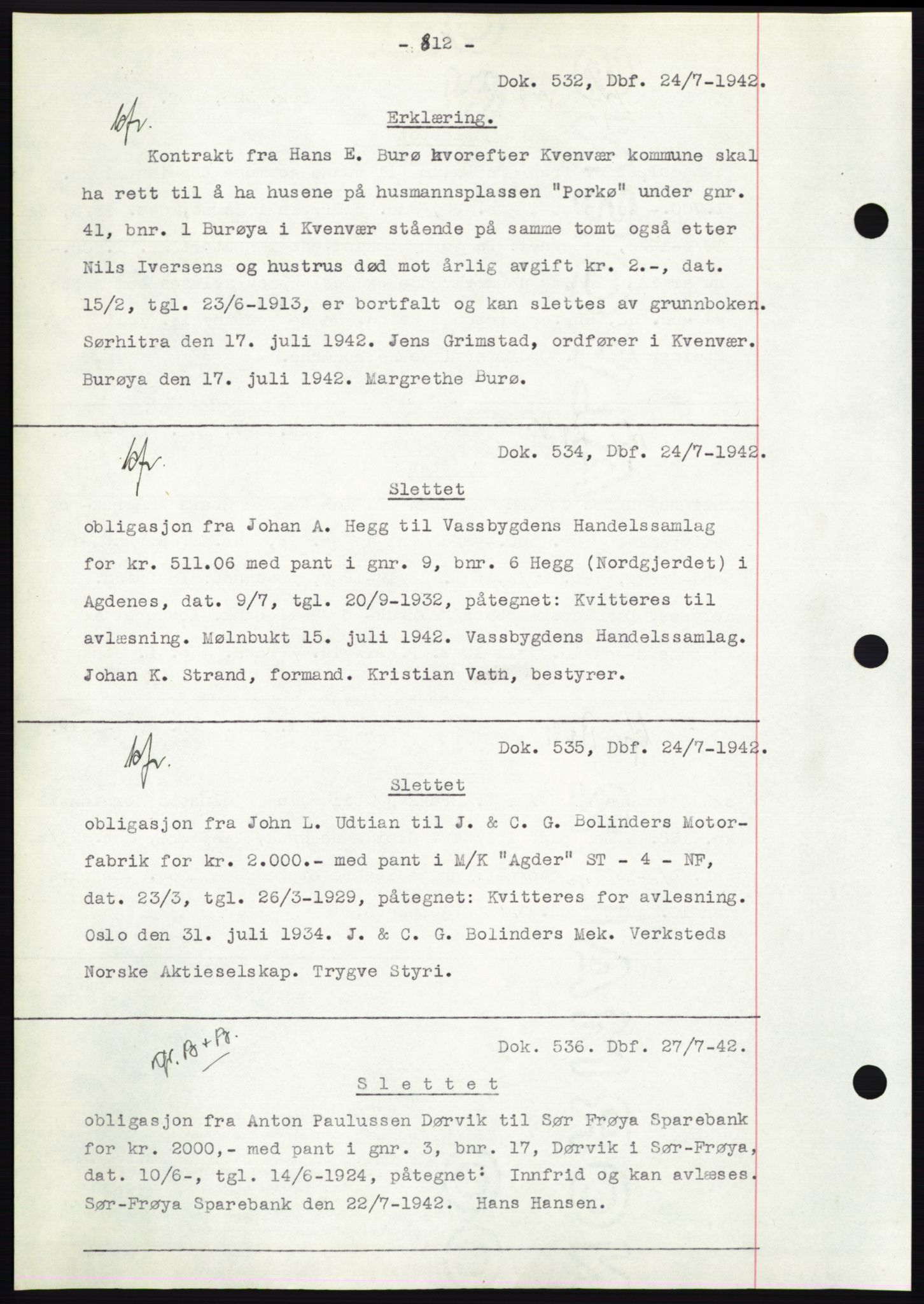 Hitra sorenskriveri, AV/SAT-A-0018/2/2C/2Ca: Mortgage book no. C1, 1936-1945, Diary no: : 532/1942