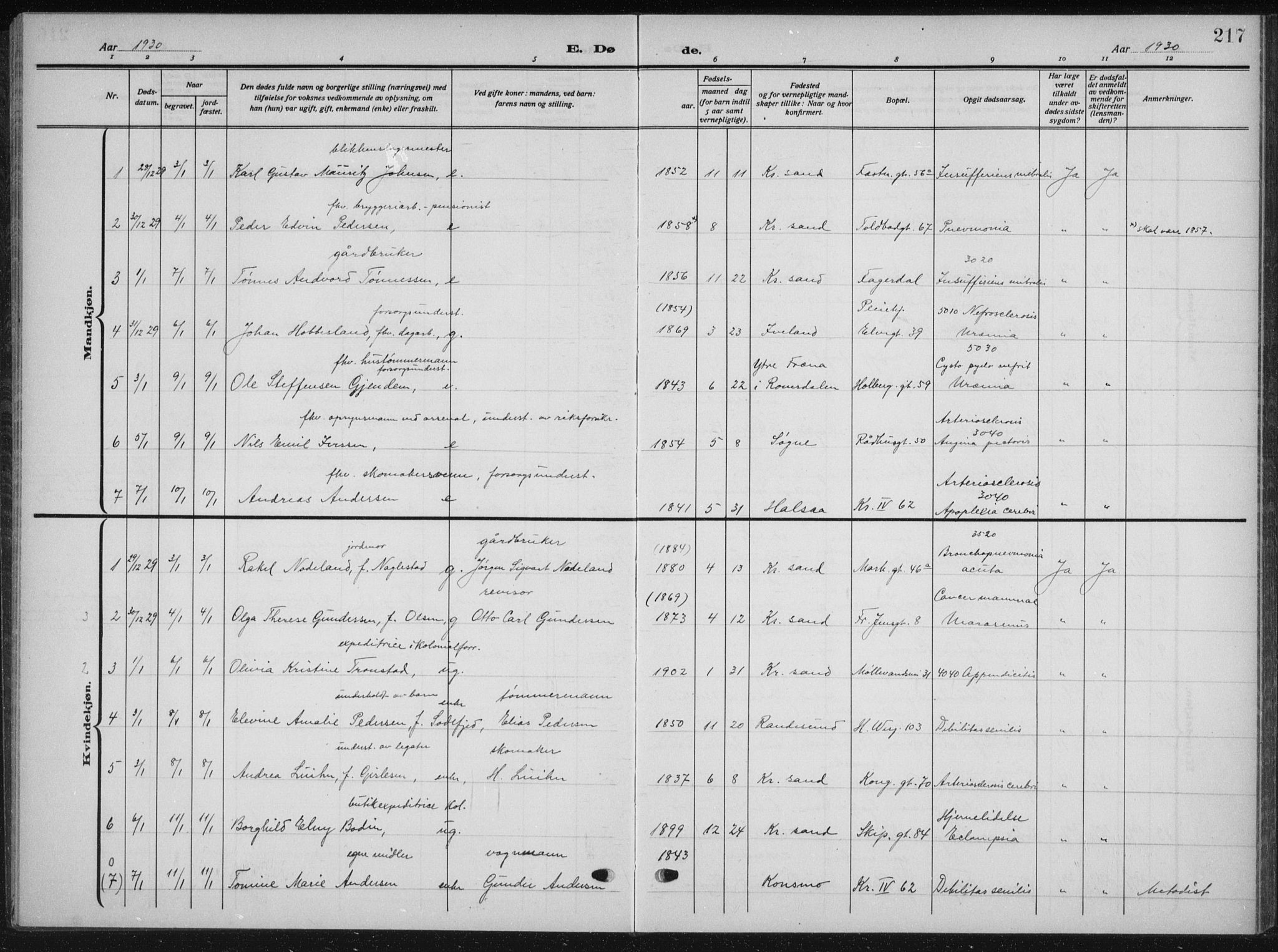 Kristiansand domprosti, AV/SAK-1112-0006/F/Fb/L0025: Parish register (copy) no. B 25, 1924-1934, p. 217