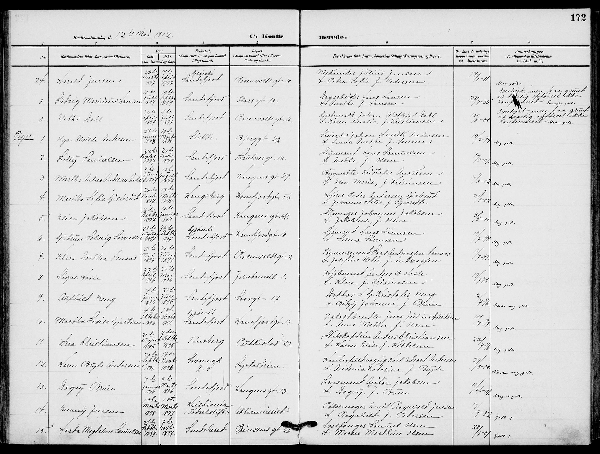 Sandefjord kirkebøker, AV/SAKO-A-315/F/Fa/L0005: Parish register (official) no. 5, 1906-1915, p. 172