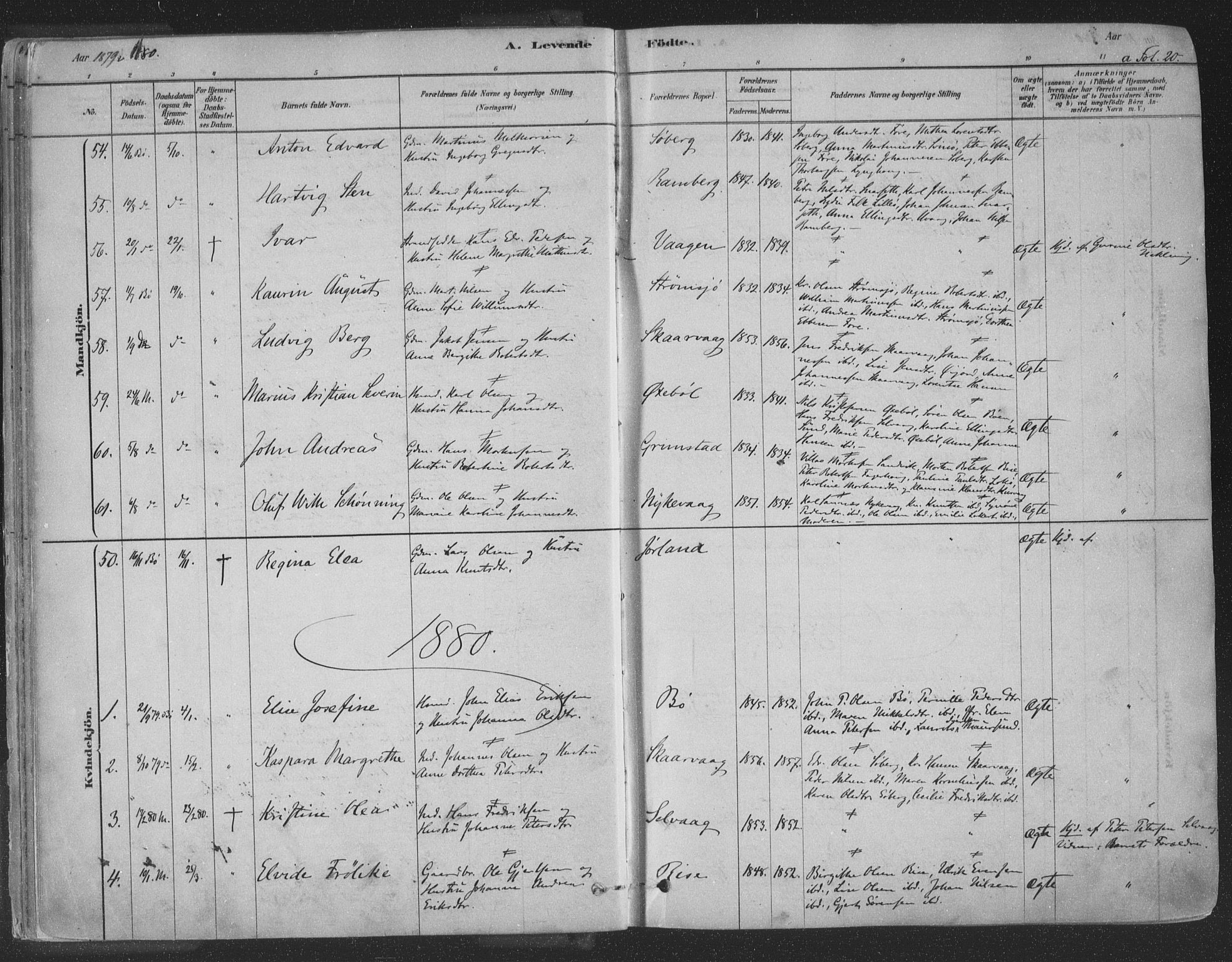 Ministerialprotokoller, klokkerbøker og fødselsregistre - Nordland, AV/SAT-A-1459/891/L1302: Parish register (official) no. 891A07, 1878-1895, p. 20