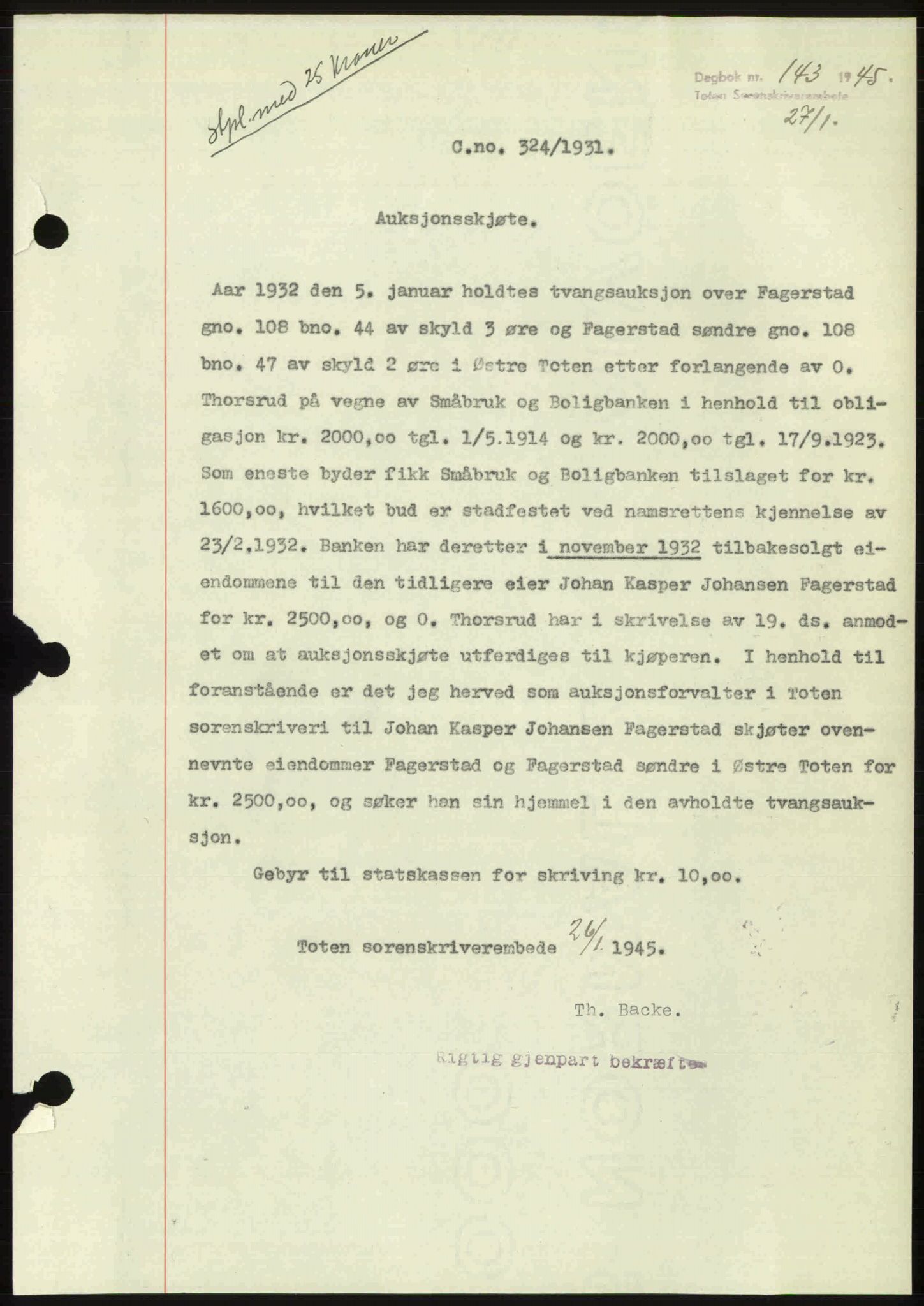Toten tingrett, SAH/TING-006/H/Hb/Hbc/L0013: Mortgage book no. Hbc-13, 1945-1945, Diary no: : 143/1945