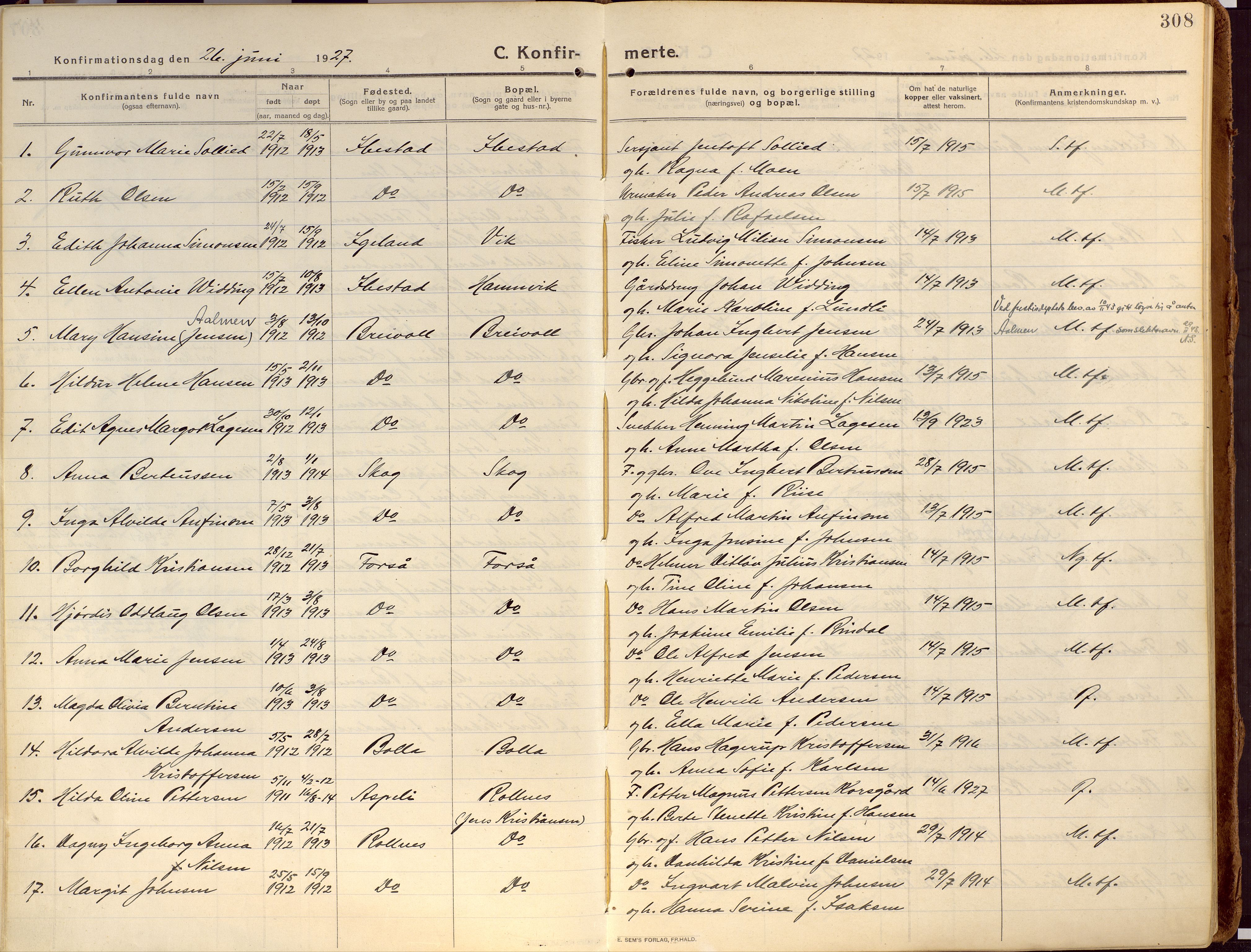 Ibestad sokneprestembete, SATØ/S-0077/H/Ha/Haa/L0018kirke: Parish register (official) no. 18, 1915-1929, p. 308