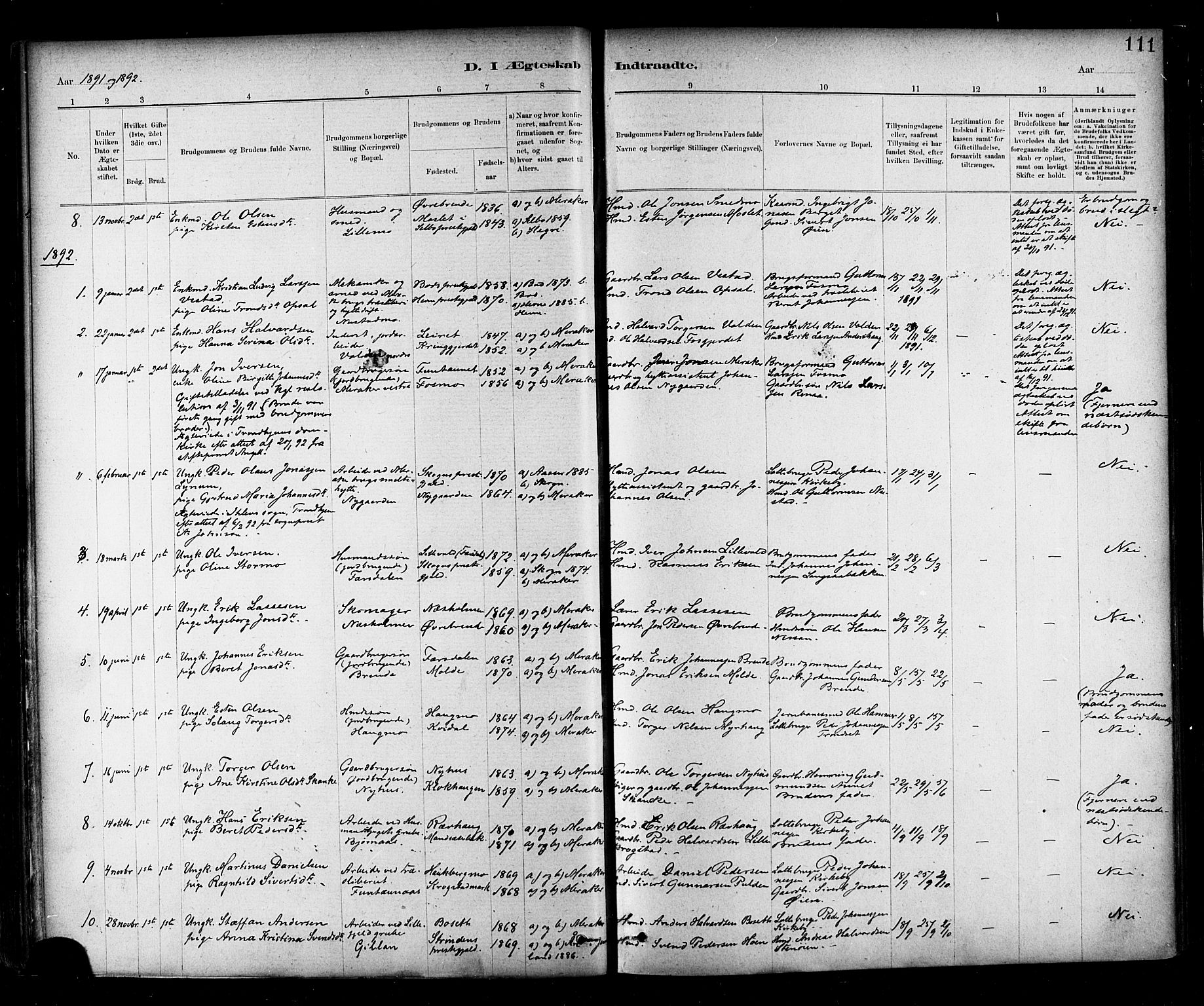 Ministerialprotokoller, klokkerbøker og fødselsregistre - Nord-Trøndelag, SAT/A-1458/706/L0047: Parish register (official) no. 706A03, 1878-1892, p. 111