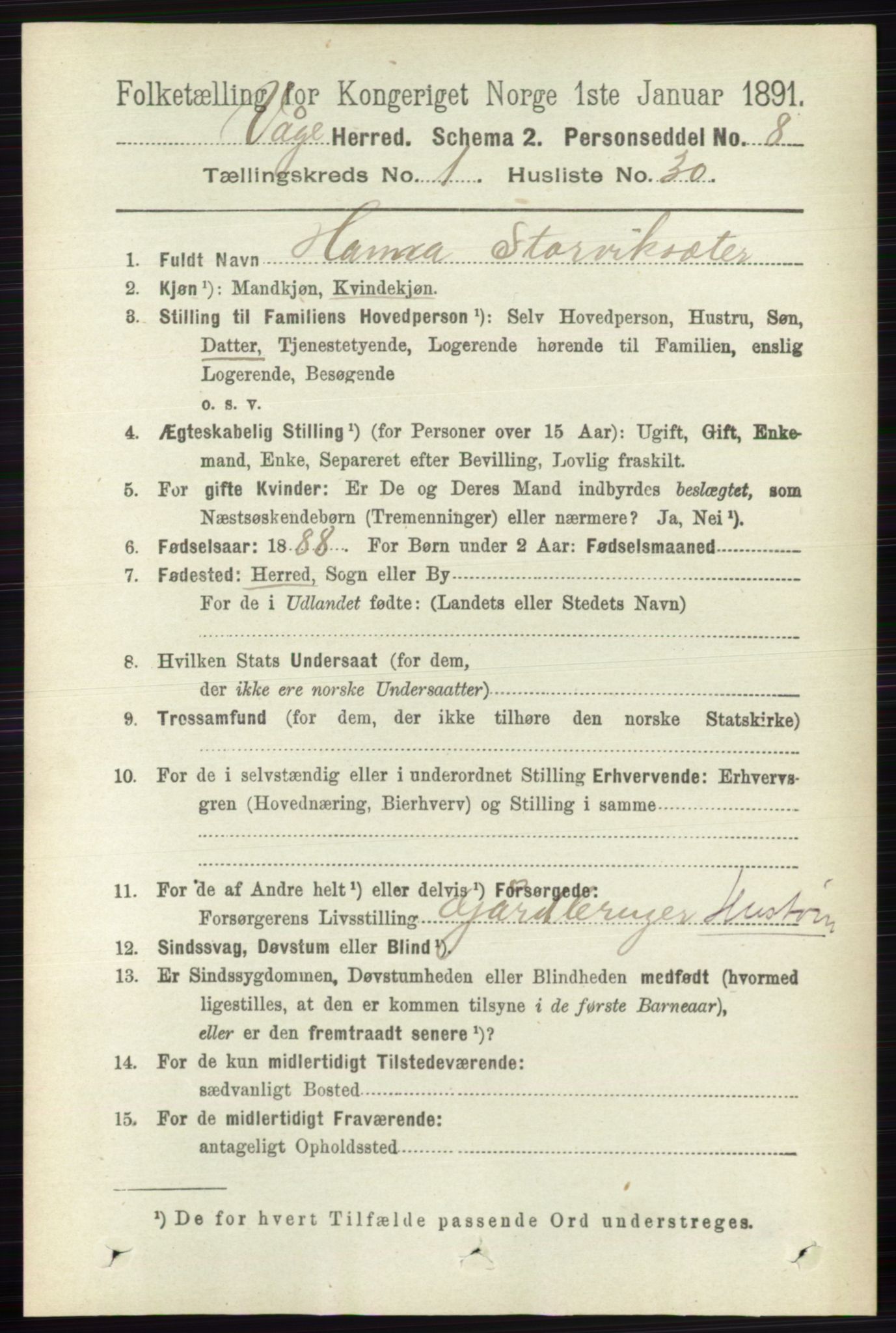 RA, 1891 census for 0515 Vågå, 1891, p. 335