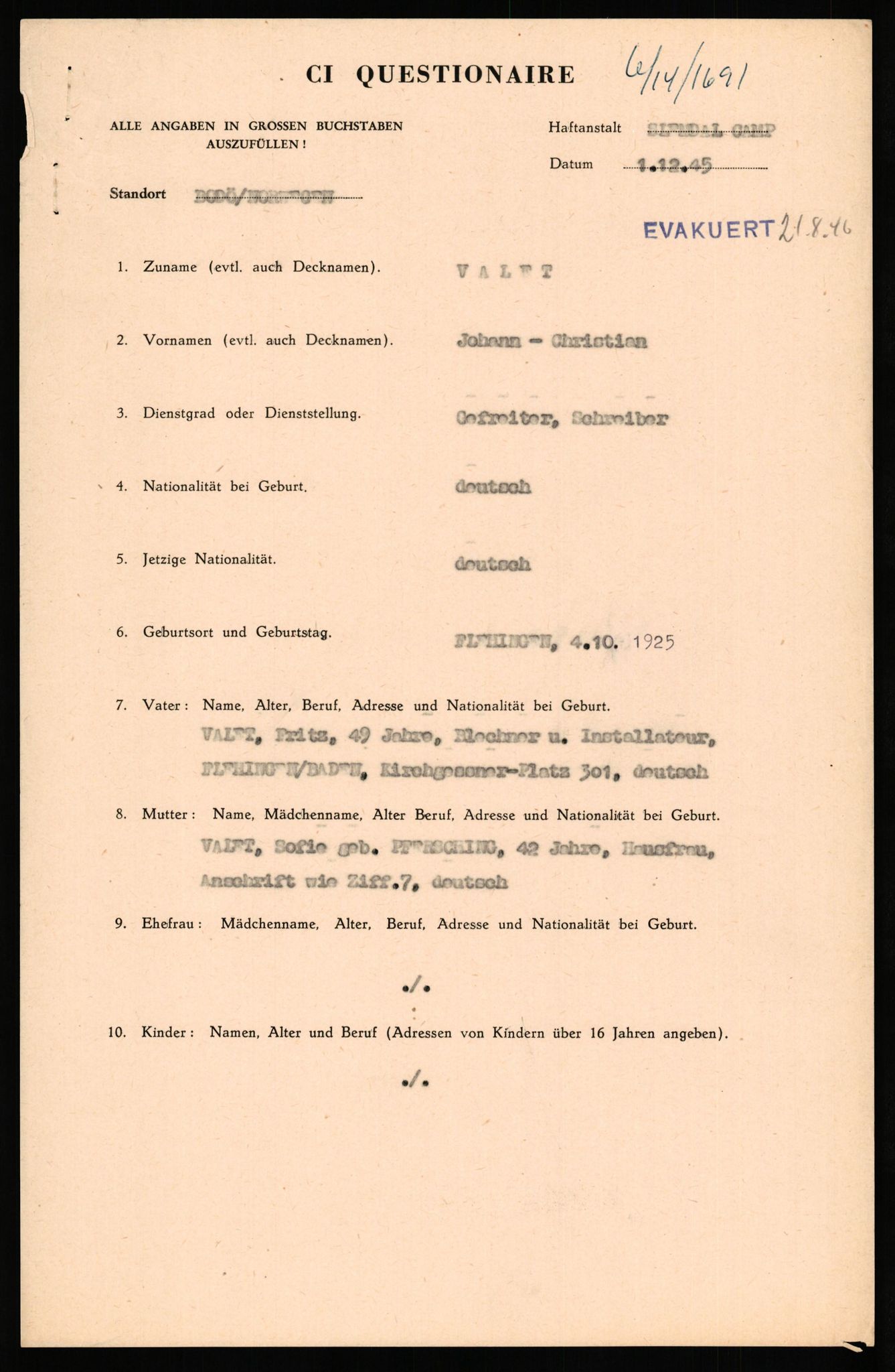 Forsvaret, Forsvarets overkommando II, AV/RA-RAFA-3915/D/Db/L0034: CI Questionaires. Tyske okkupasjonsstyrker i Norge. Tyskere., 1945-1946, p. 244