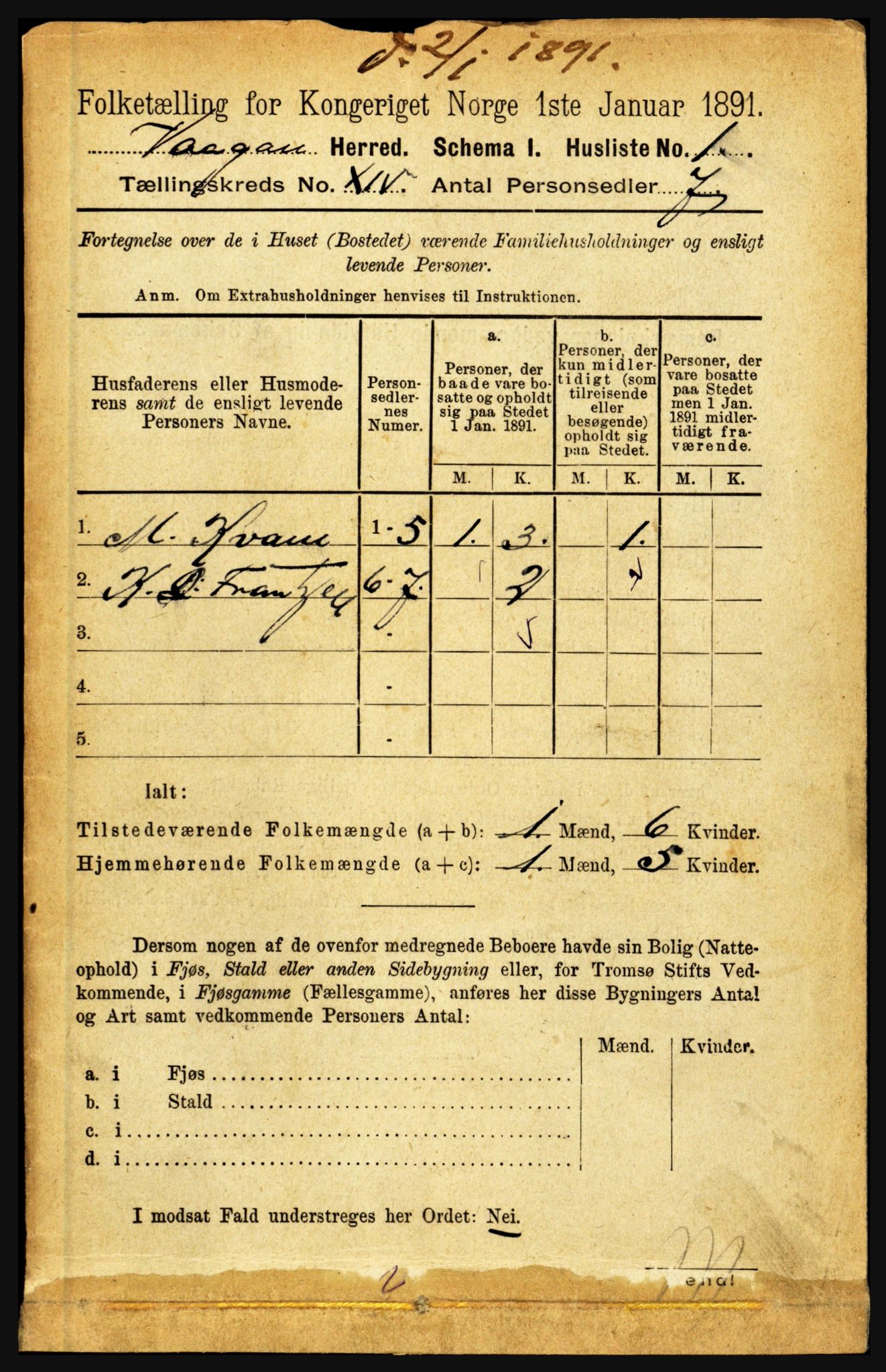 RA, 1891 census for 1865 Vågan, 1891, p. 3614