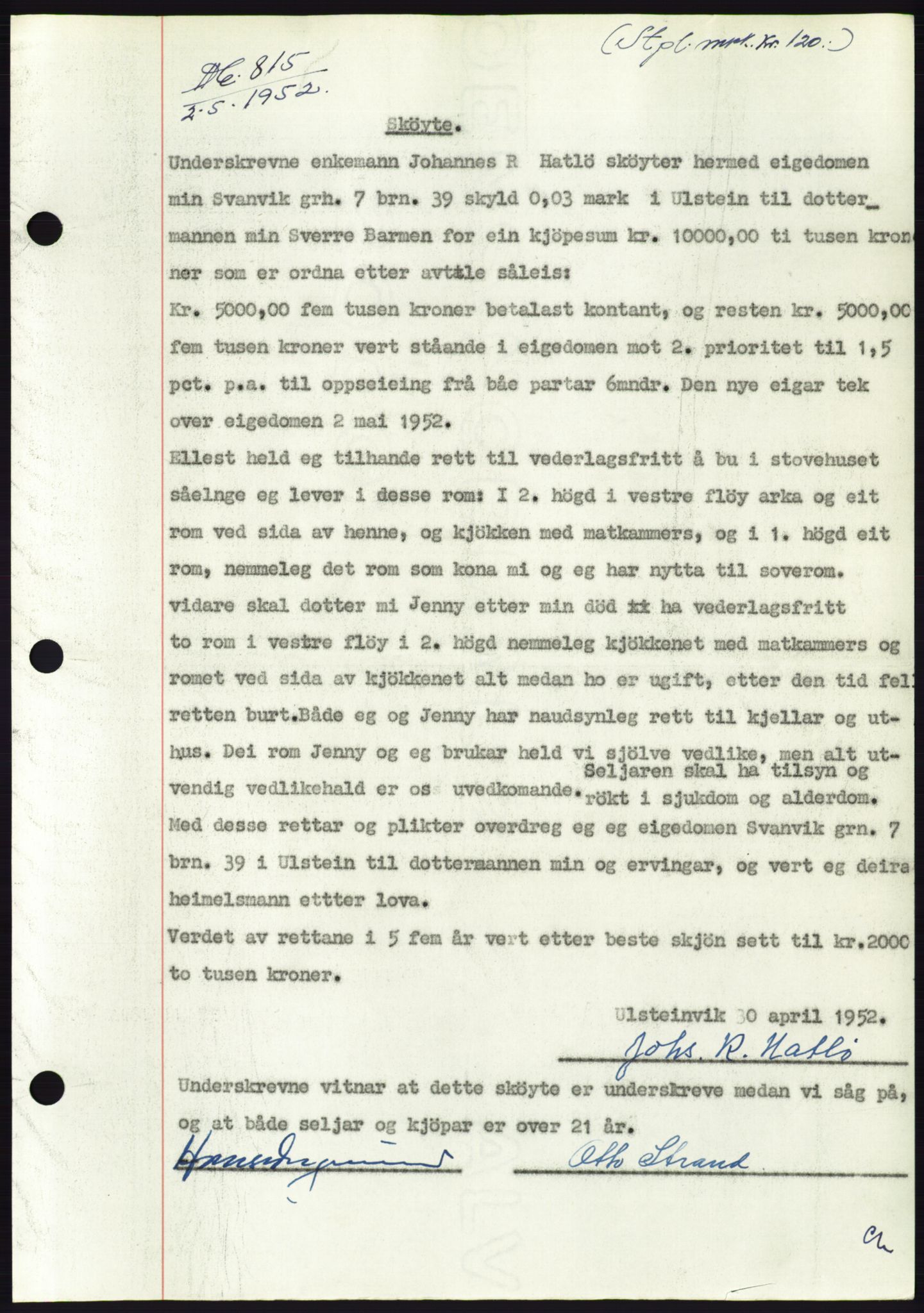 Søre Sunnmøre sorenskriveri, AV/SAT-A-4122/1/2/2C/L0092: Mortgage book no. 18A, 1952-1952, Diary no: : 815/1952