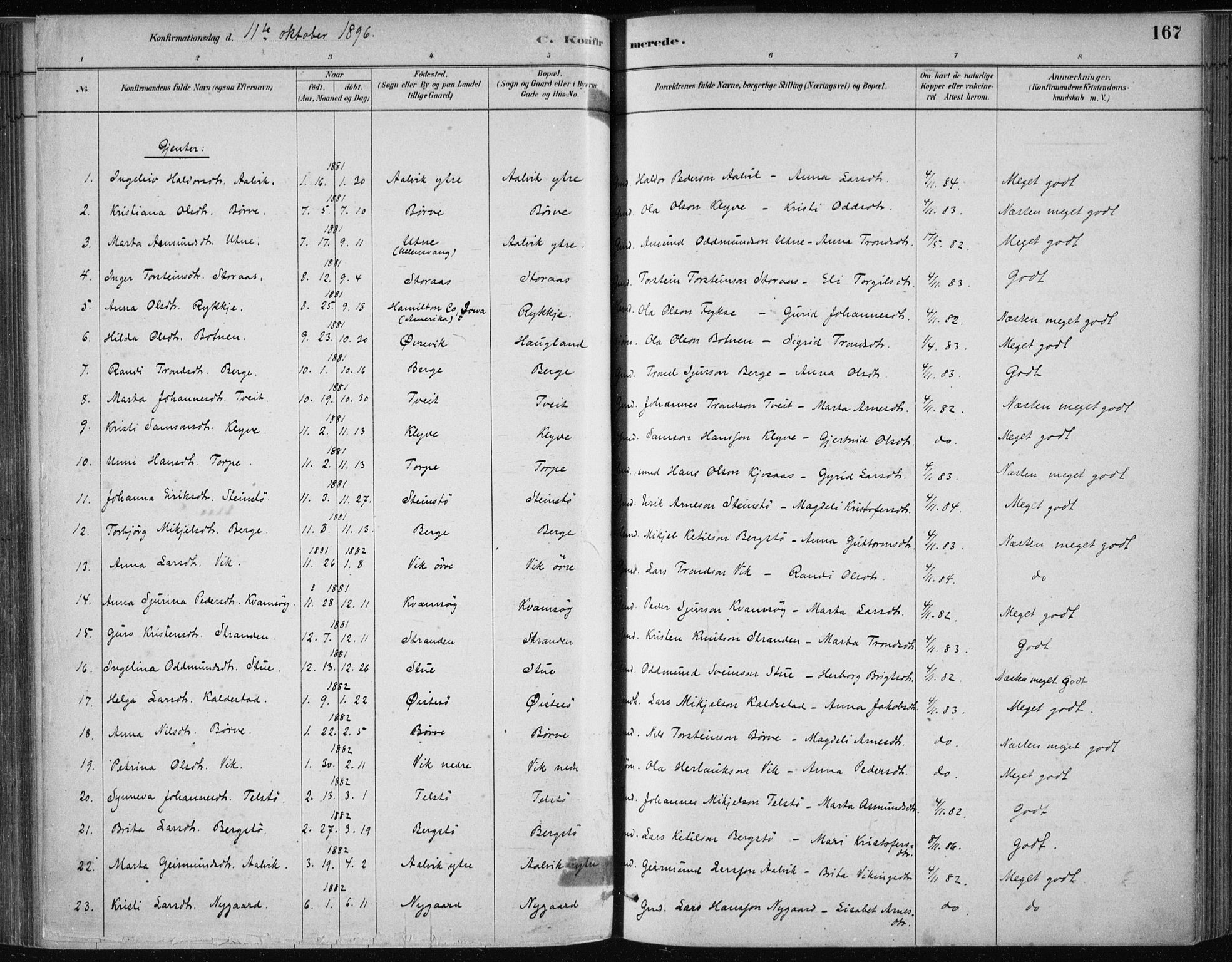 Kvam sokneprestembete, SAB/A-76201/H/Haa: Parish register (official) no. C  1, 1880-1906, p. 167