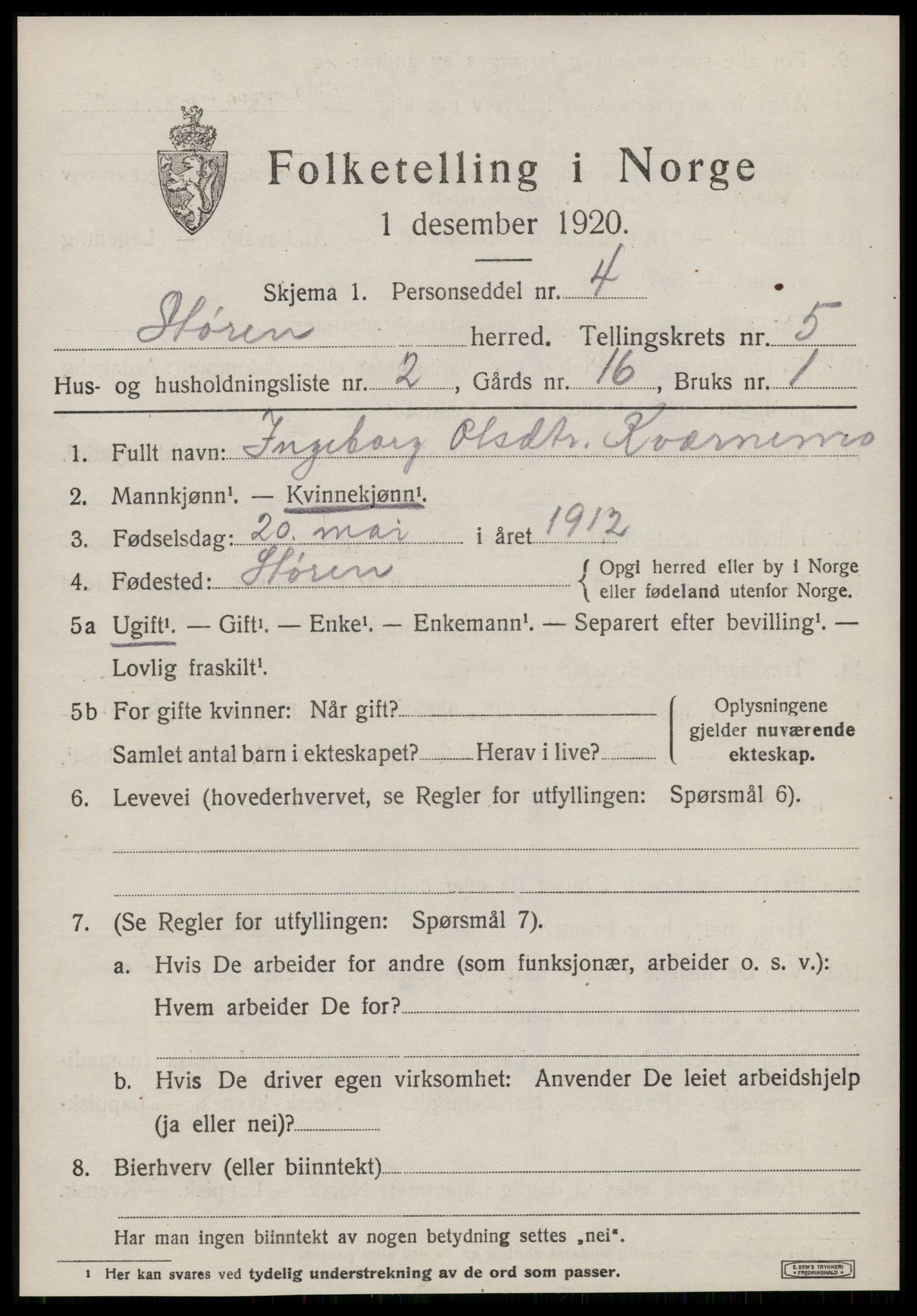 SAT, 1920 census for Støren, 1920, p. 3472