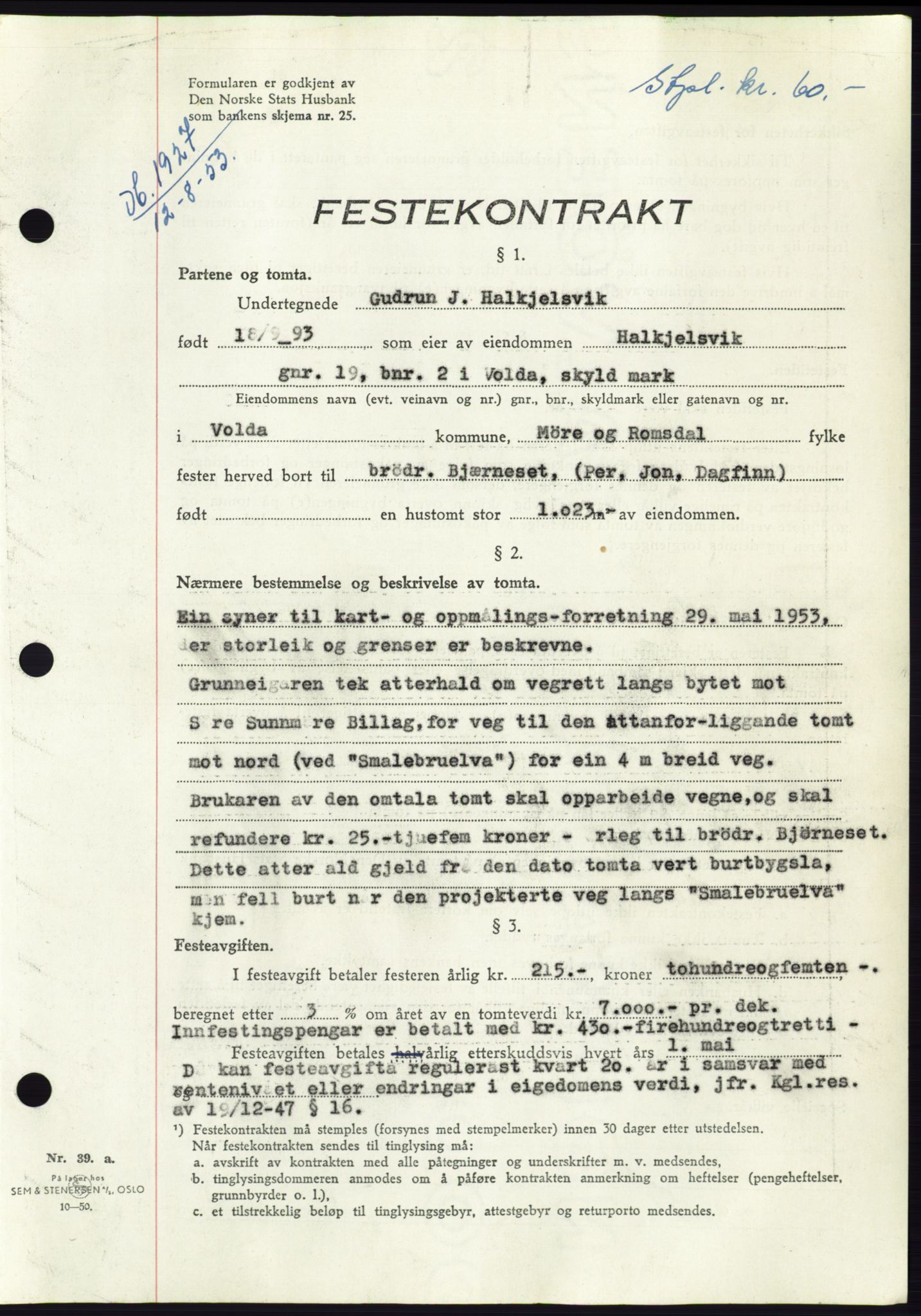 Søre Sunnmøre sorenskriveri, AV/SAT-A-4122/1/2/2C/L0095: Mortgage book no. 21A, 1953-1953, Diary no: : 1927/1953