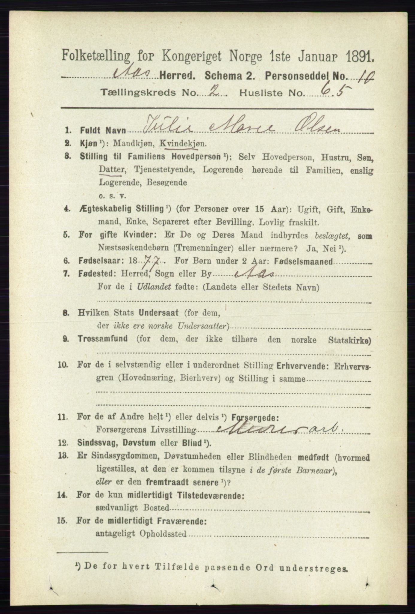 RA, 1891 census for 0214 Ås, 1891, p. 1998