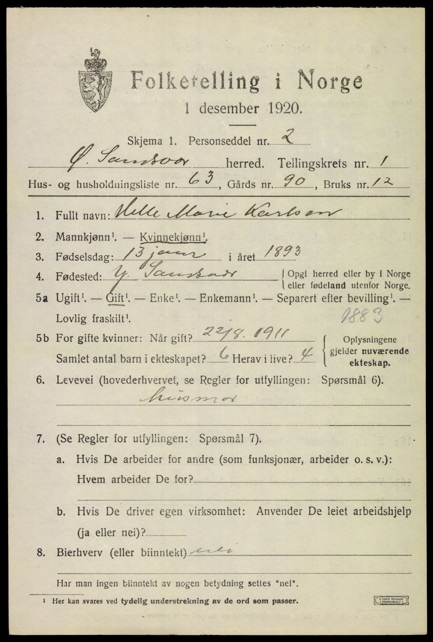 SAKO, 1920 census for Øvre Sandsvær, 1920, p. 1586