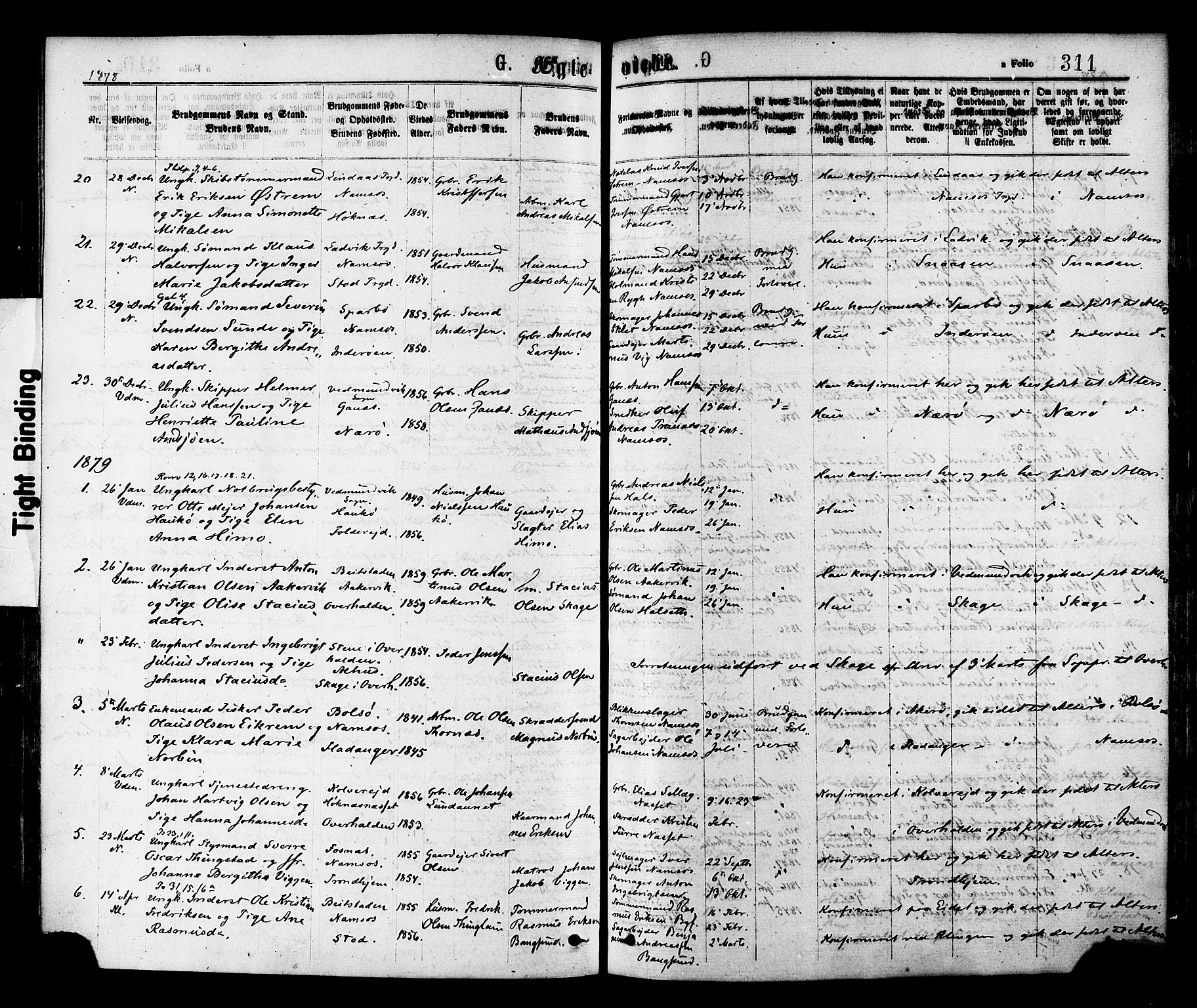 Ministerialprotokoller, klokkerbøker og fødselsregistre - Nord-Trøndelag, SAT/A-1458/768/L0572: Parish register (official) no. 768A07, 1874-1886, p. 311
