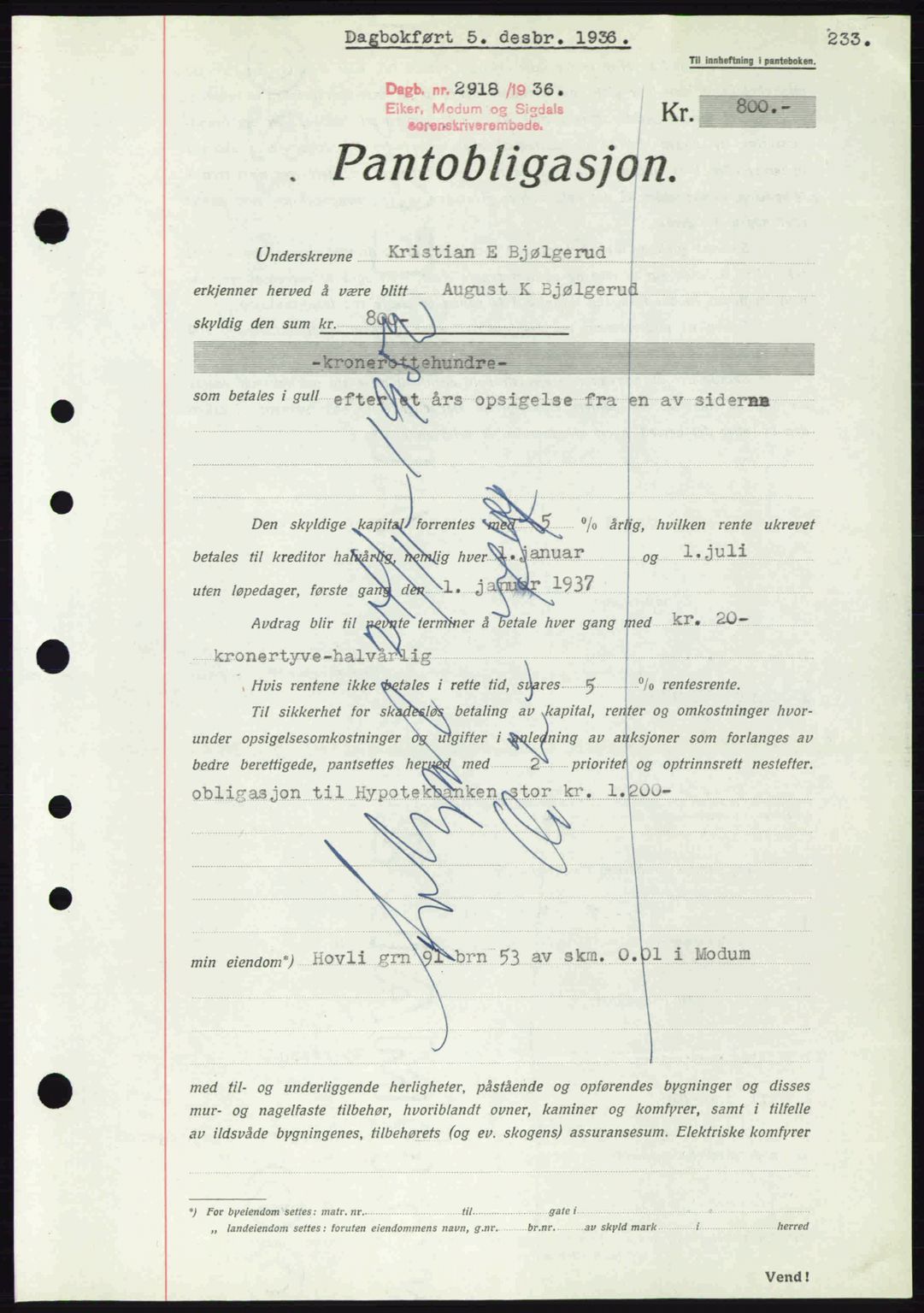 Eiker, Modum og Sigdal sorenskriveri, SAKO/A-123/G/Ga/Gab/L0034: Mortgage book no. A4, 1936-1937, Diary no: : 2918/1936