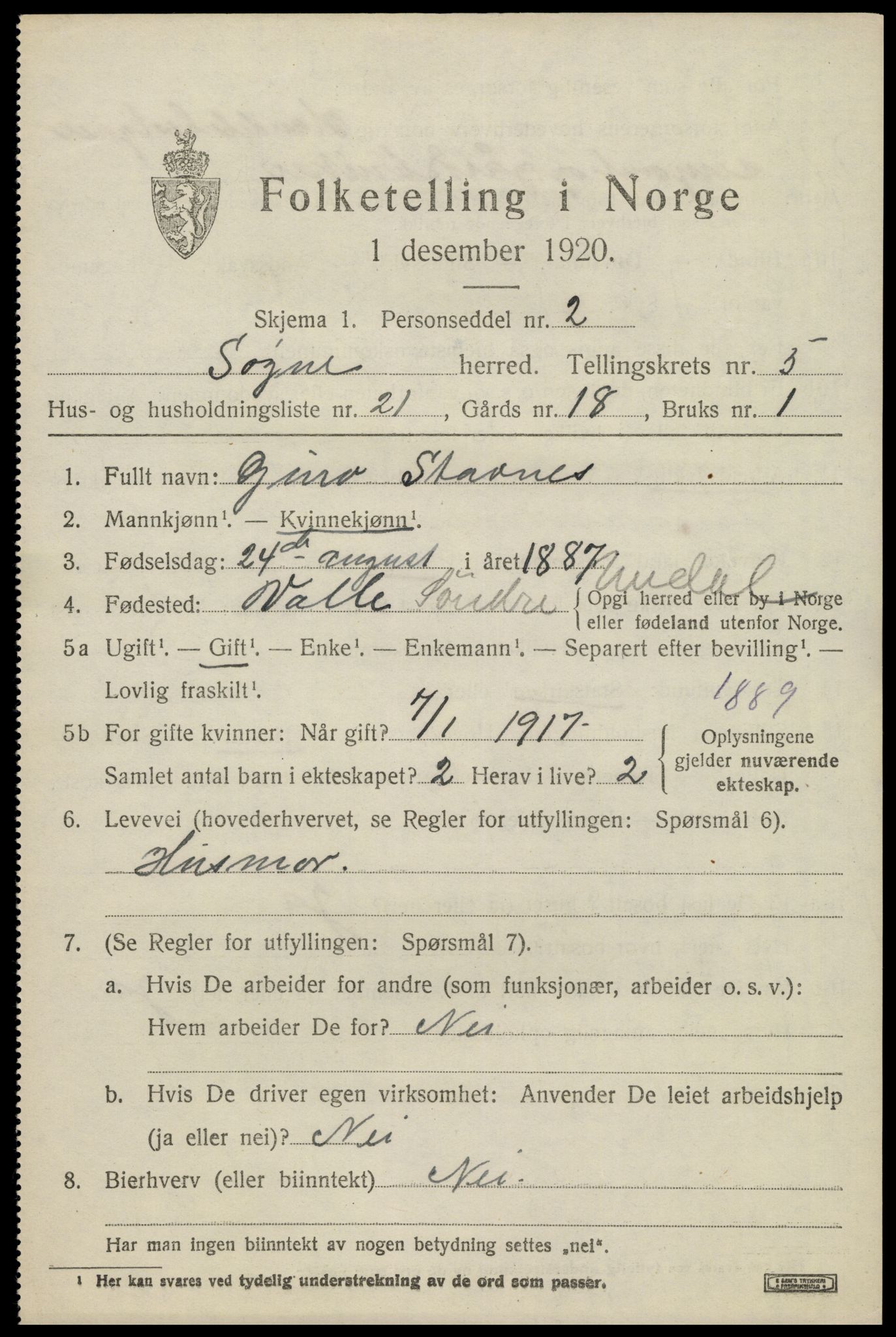 SAK, 1920 census for Søgne, 1920, p. 2459