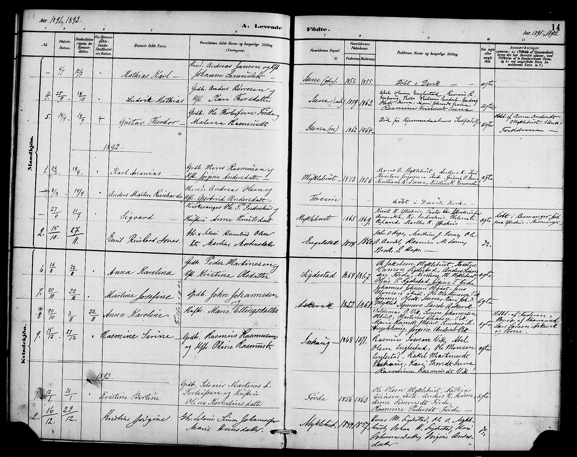 Davik sokneprestembete, SAB/A-79701/H/Haa/Haae/L0001: Parish register (official) no. E 1, 1882-1900, p. 14