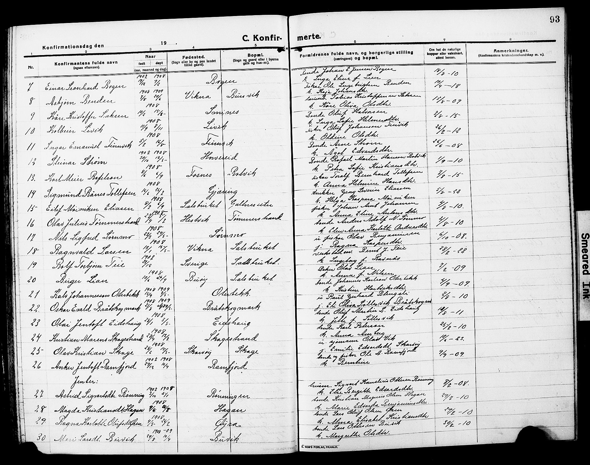 Ministerialprotokoller, klokkerbøker og fødselsregistre - Nord-Trøndelag, AV/SAT-A-1458/780/L0653: Parish register (copy) no. 780C05, 1911-1927, p. 93