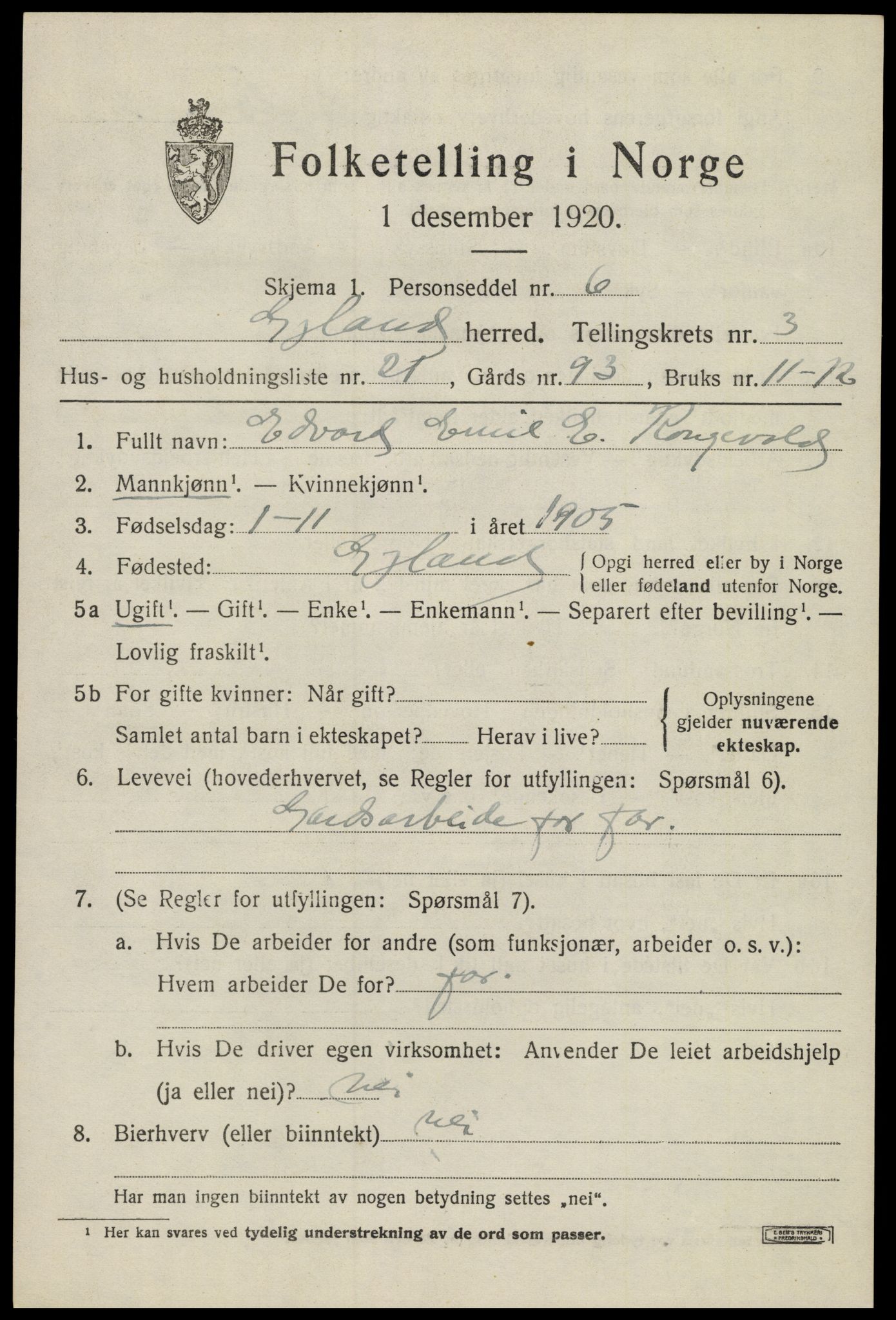 SAK, 1920 census for Gyland, 1920, p. 1012