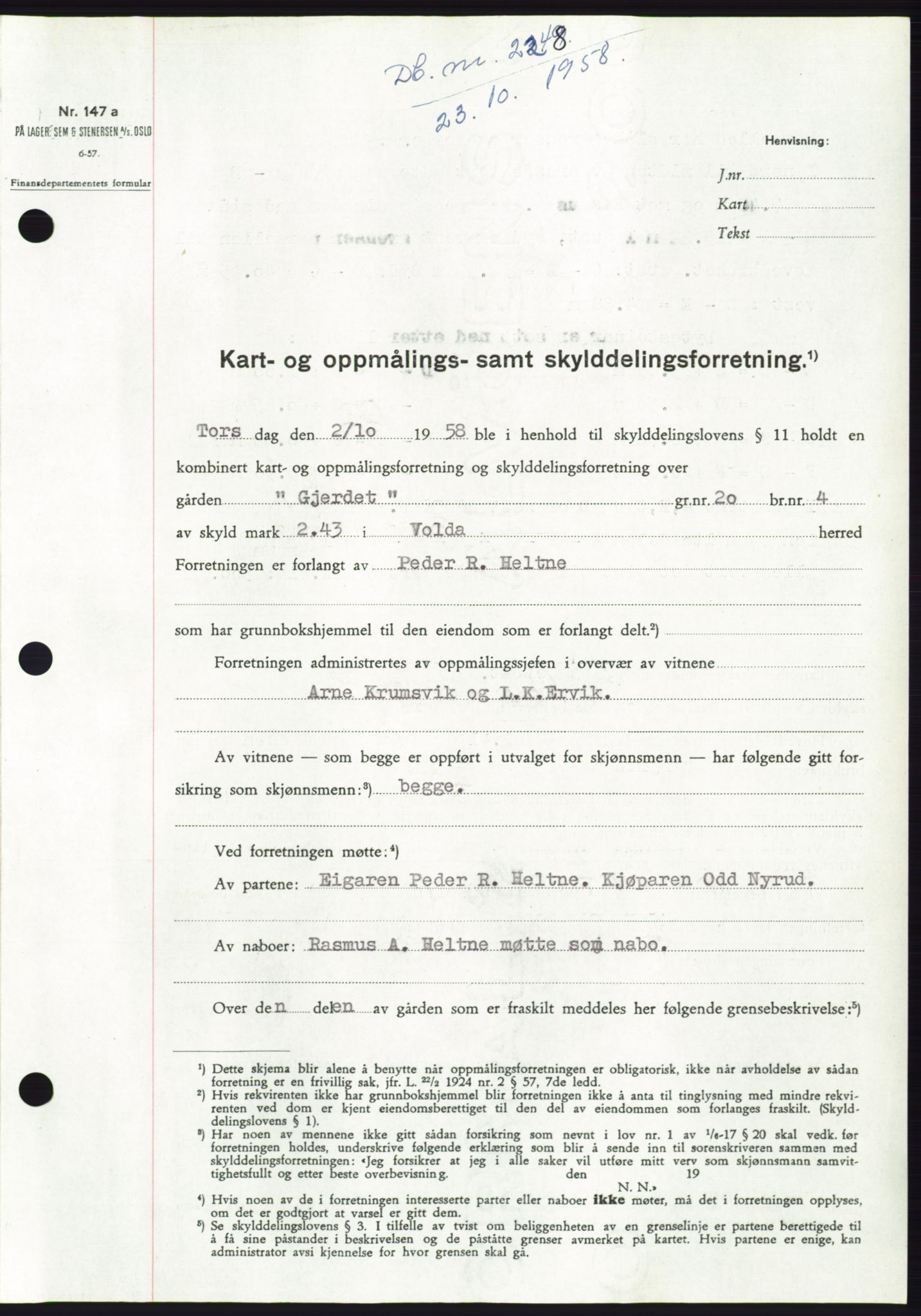 Søre Sunnmøre sorenskriveri, AV/SAT-A-4122/1/2/2C/L0110: Mortgage book no. 36A, 1958-1958, Diary no: : 2248/1958