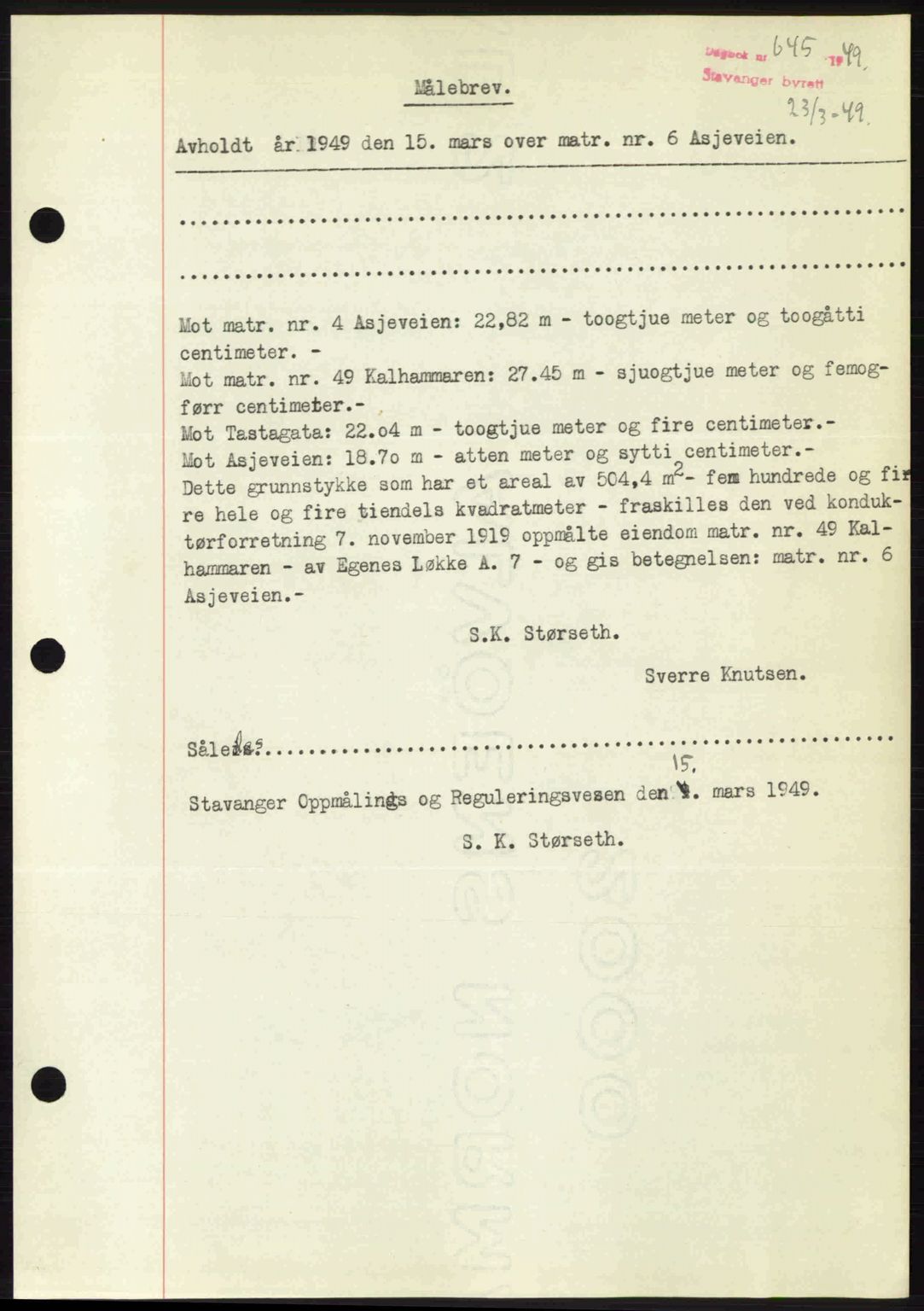 Stavanger byrett, SAST/A-100455/002/G/Gb/L0023: Mortgage book no. A12, 1948-1949, Diary no: : 645/1949