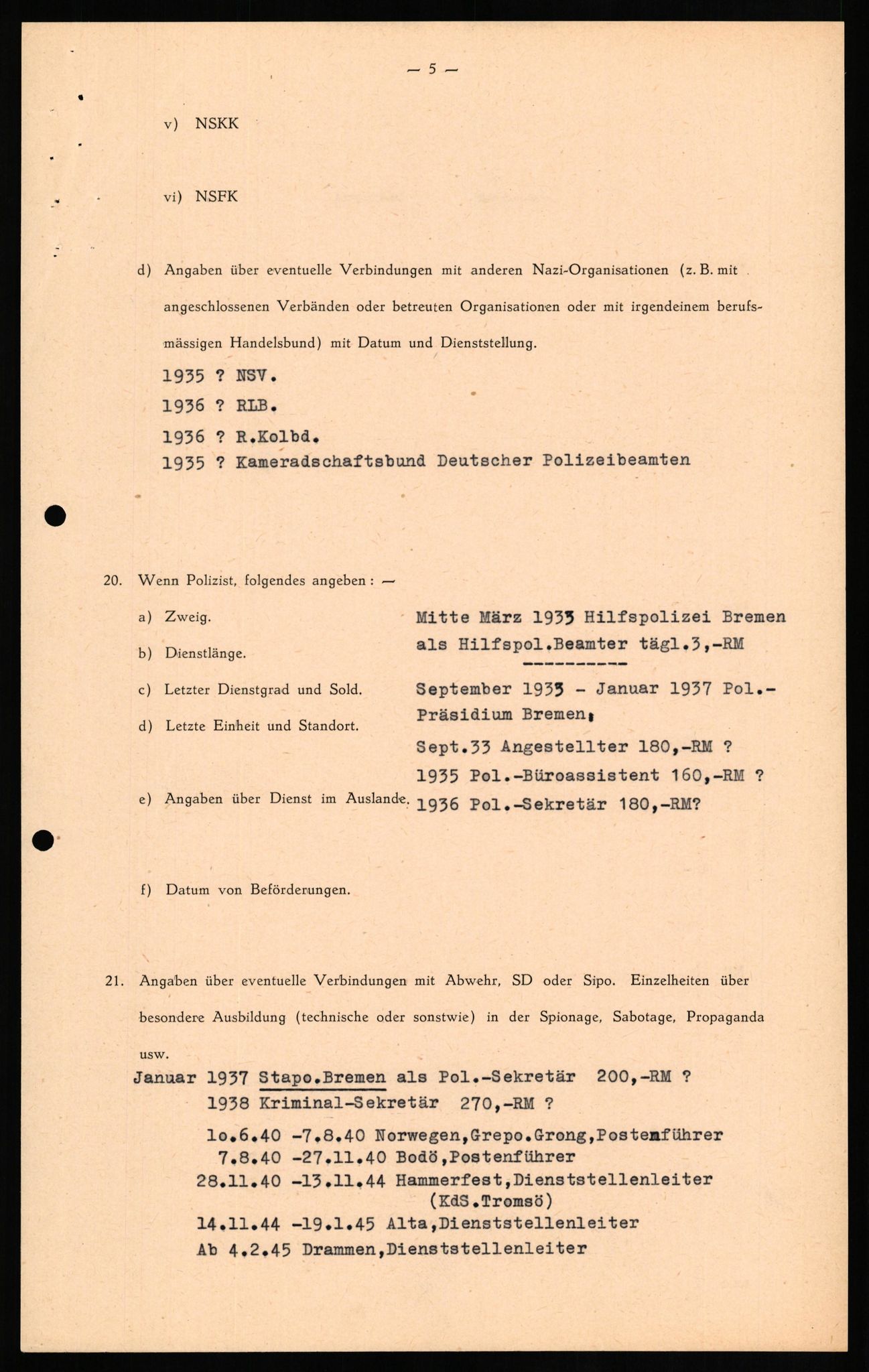 Forsvaret, Forsvarets overkommando II, AV/RA-RAFA-3915/D/Db/L0017: CI Questionaires. Tyske okkupasjonsstyrker i Norge. Tyskere., 1945-1946, p. 91