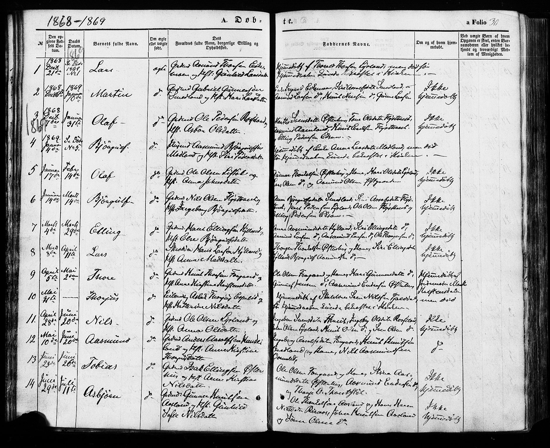 Åseral sokneprestkontor, SAK/1111-0051/F/Fa/L0002: Parish register (official) no. A 2, 1854-1884, p. 30