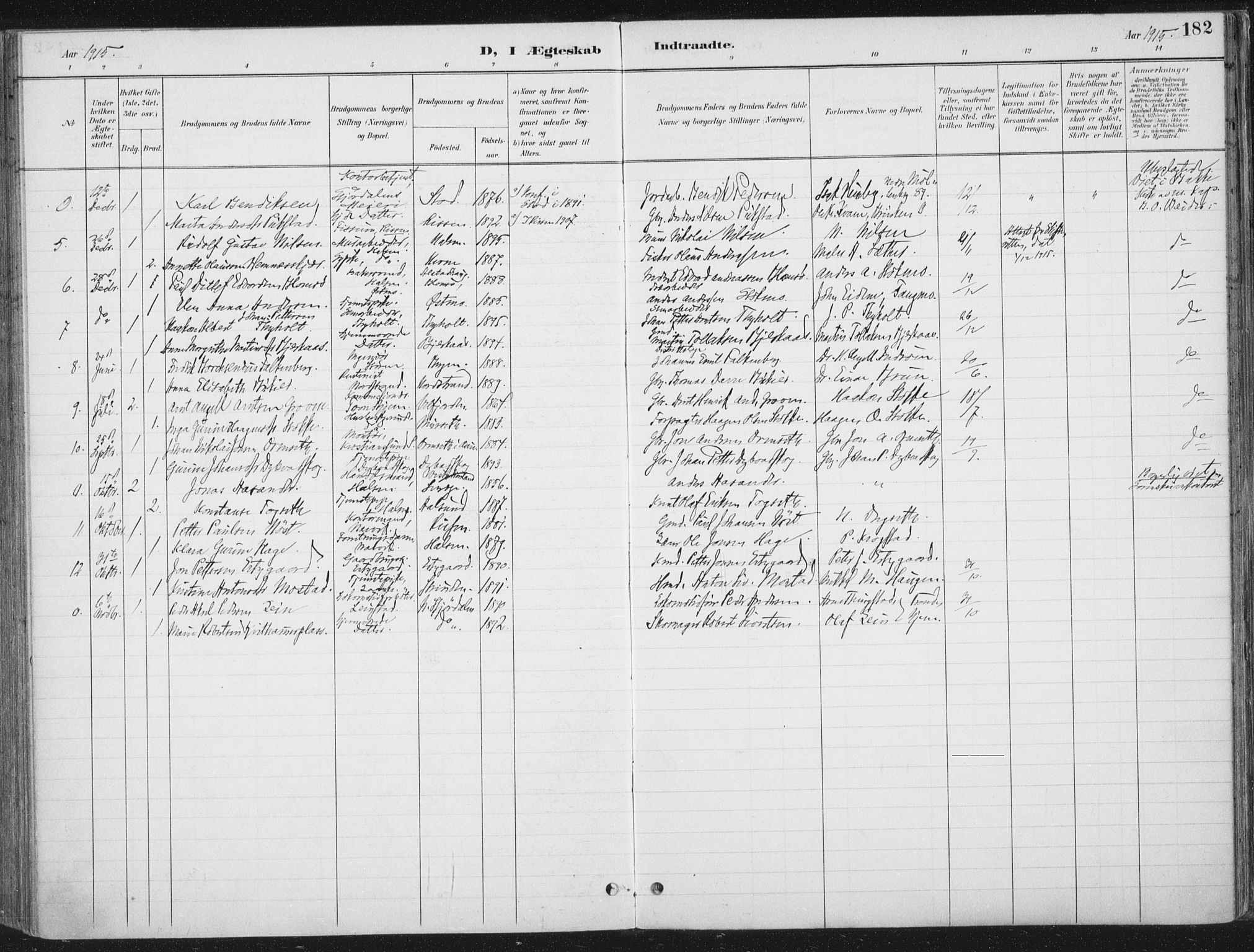 Ministerialprotokoller, klokkerbøker og fødselsregistre - Nord-Trøndelag, SAT/A-1458/709/L0082: Parish register (official) no. 709A22, 1896-1916, p. 182